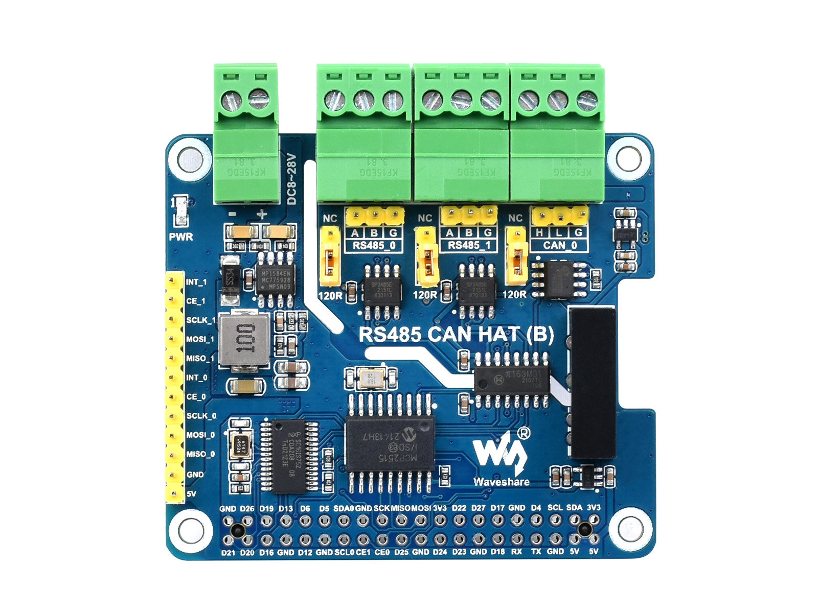 Isoliertes RS485 CAN HAT (B) für Raspberry Pi, 2-Kanal RS485 und 1-Kanal CAN, mit mehreren Schutzfunktionen