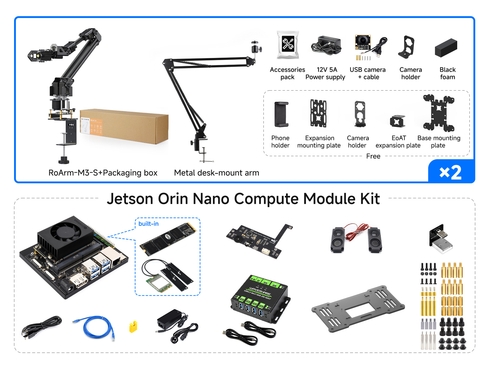 5 + 1 DOF Hochdrehmoment Serieller Bus-Servo Dualer Roboterarm AI-Kit, Optionen für Jetson Orin Nano / NX, Unterstützt Hugging Face LeRobot AI-Roboterprojekt, Basierend auf ESP32, Drahtlose Steuerung