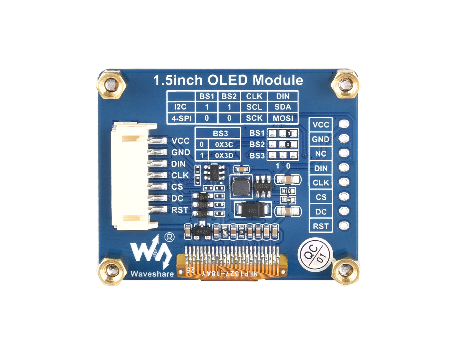 1,5-Zoll-OLED-Displaymodul, 128x128 Pixel, 16 Graustufen, SPI/I2C-Schnittstelle