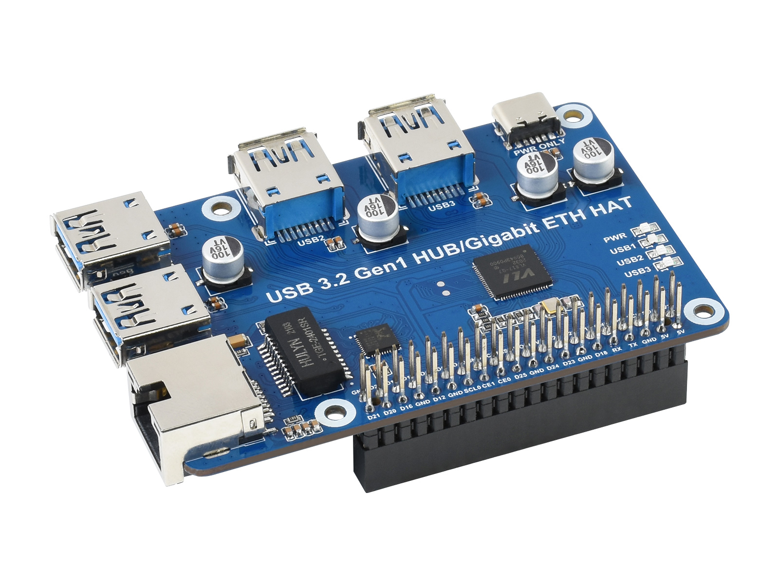 USB 3.2 Gen1 und Gigabit-Ethernet-HUB-HAT für Raspberry Pi, 3x USB, 1x Gigabit-ETH, treiberfrei