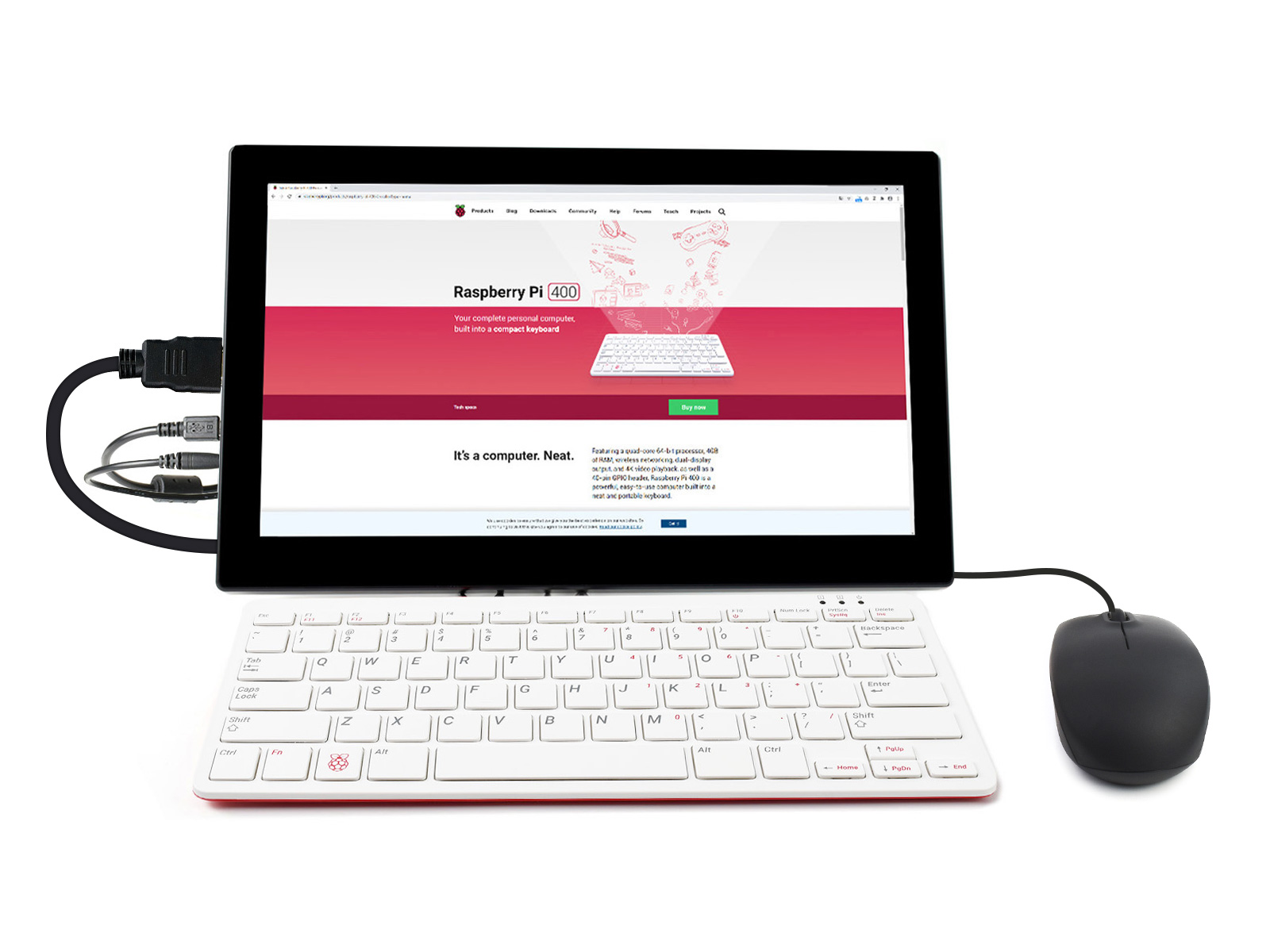 Raspberry Pi 400 mit Drittanbieter-Zubehör und 13,3-Zoll-HDMI-Touchdisplay