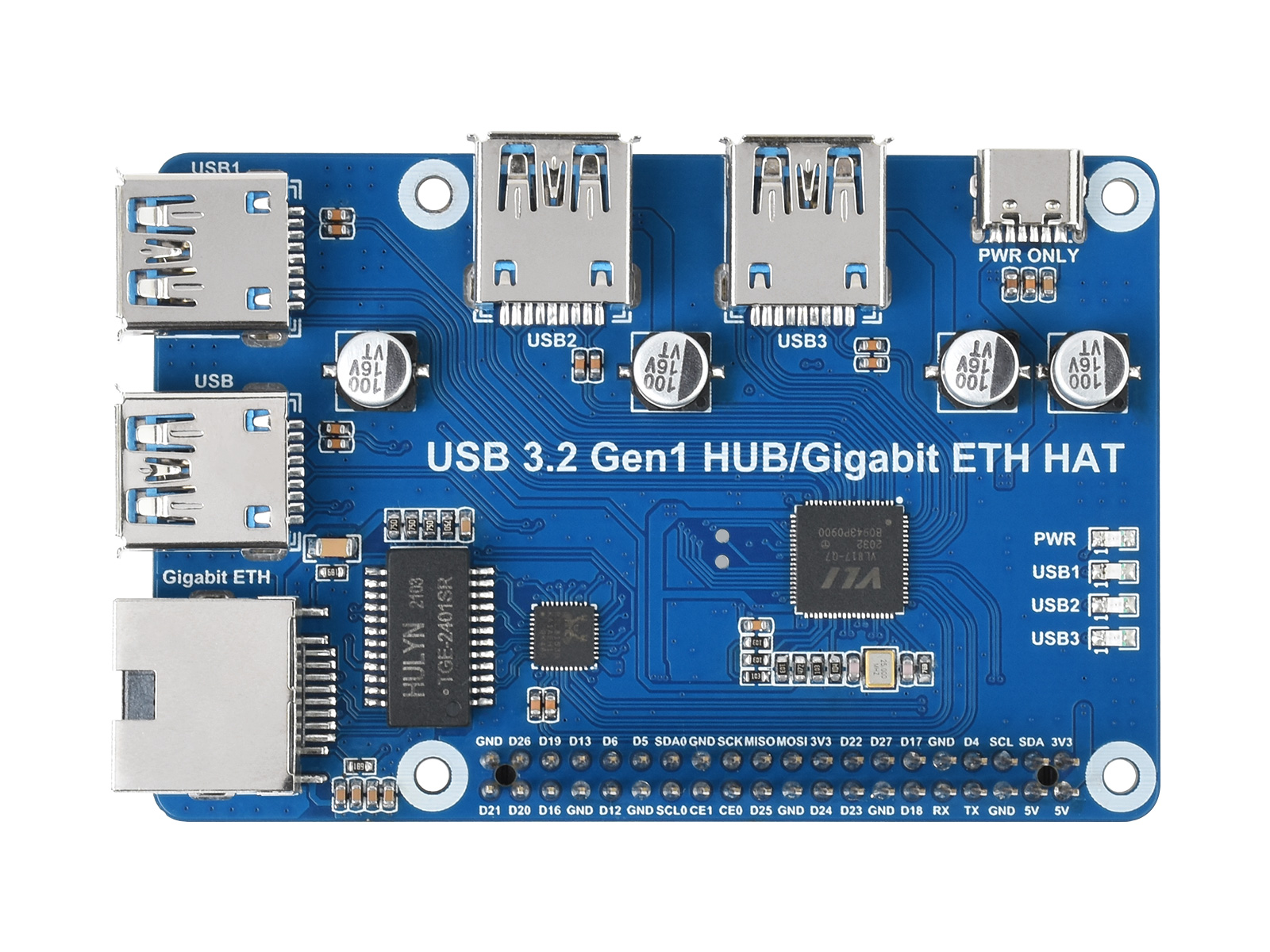 USB 3.2 Gen1 und Gigabit-Ethernet-HUB-HAT für Raspberry Pi, 3x USB, 1x Gigabit-ETH, treiberfrei