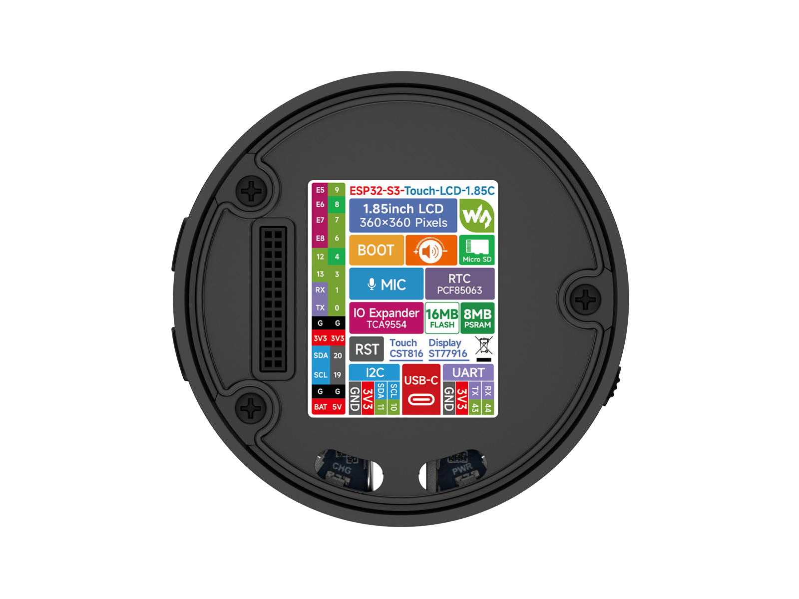ESP32-S3 1,85-Zoll runde LCD-Entwicklungsplatine, 360×360, unterstützt Wi-Fi & Bluetooth BLE 5, KI-Sprache, Smart-Speaker-Box, ESP32 mit Display