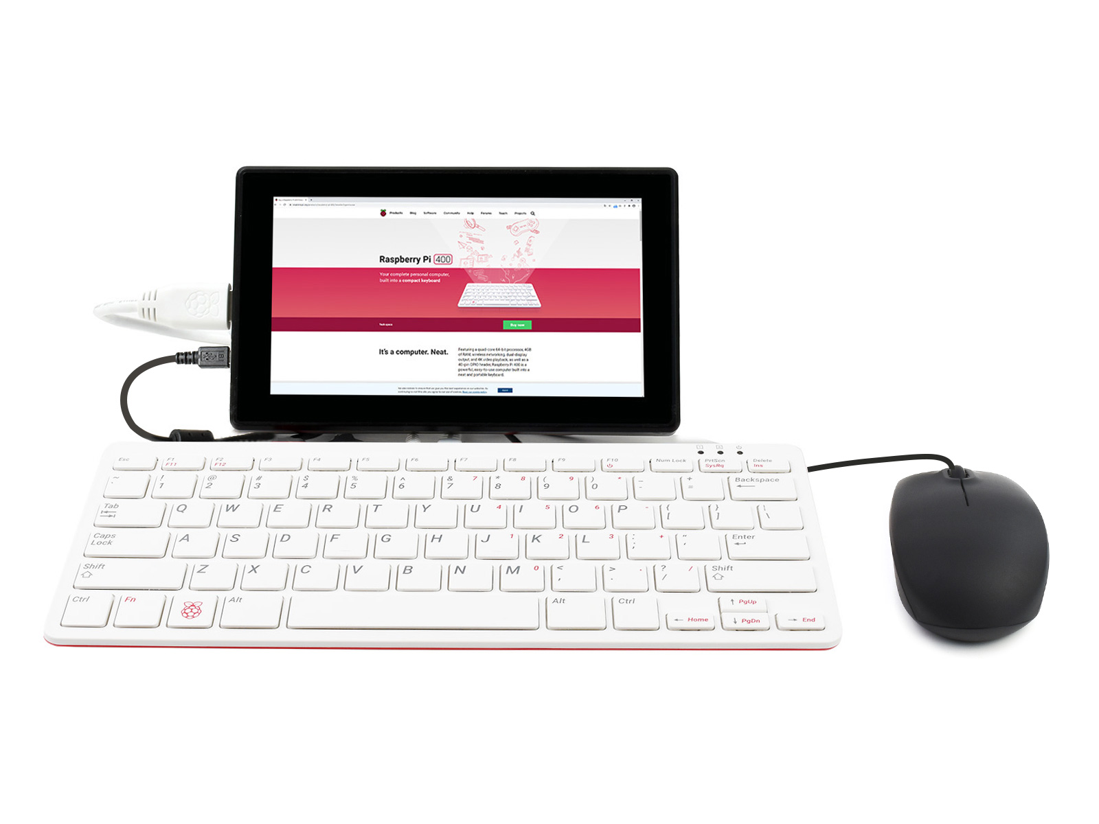 Raspberry Pi 400 mit Drittanbieter-Zubehör und 7-Zoll-HDMI-Touchdisplay