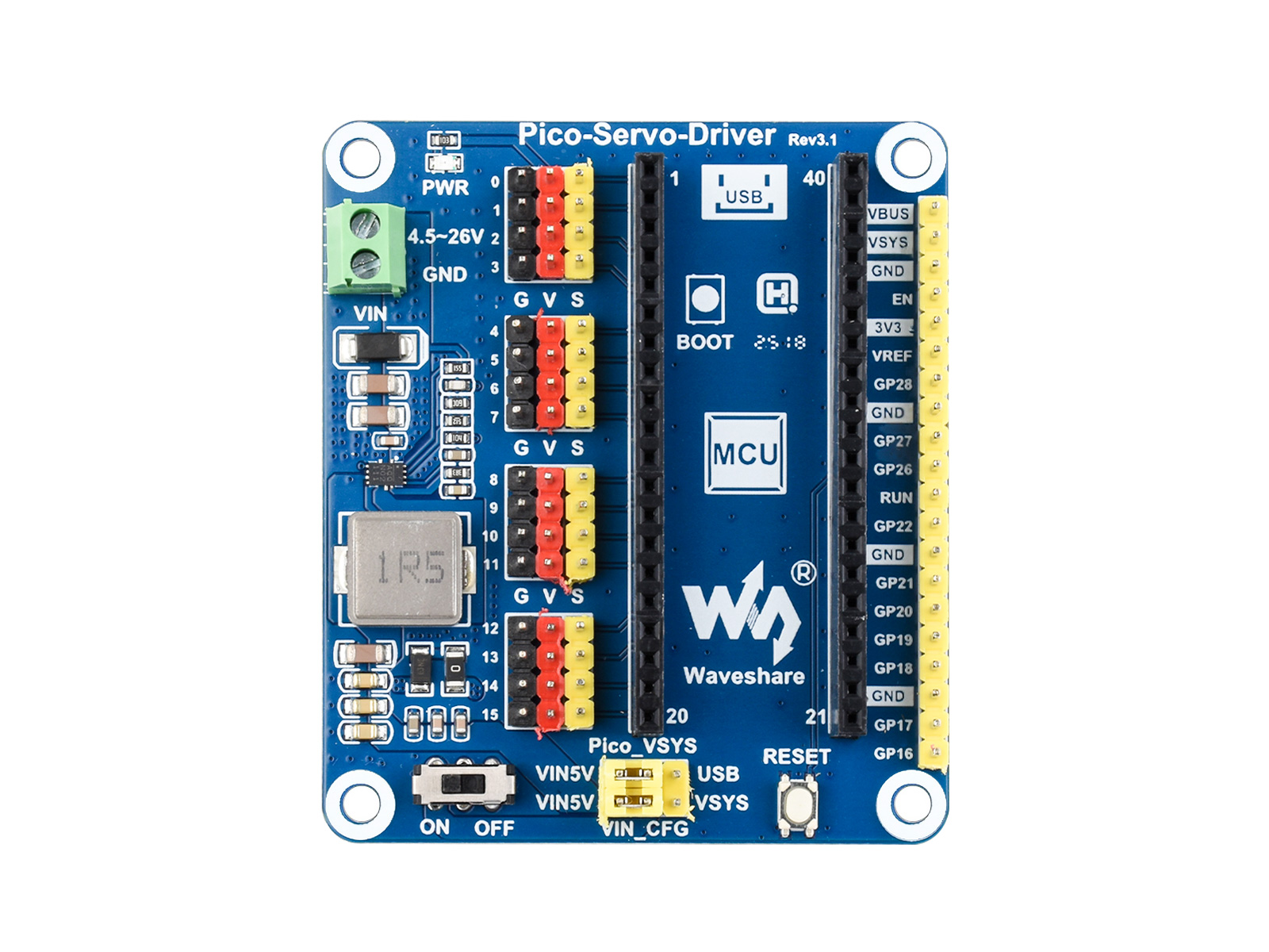 Servo-Treibermodul für Raspberry Pi Pico, 16-Ausgänge, 16-Bit-Auflösung