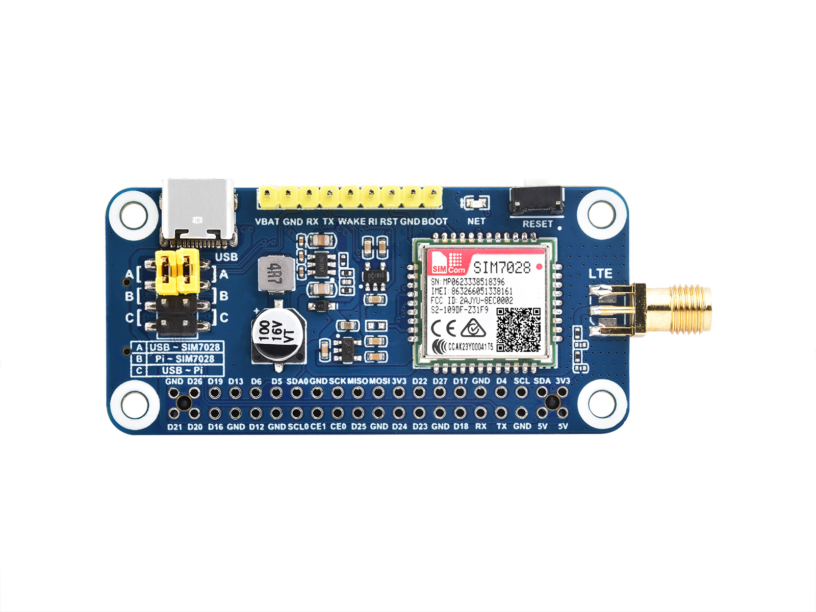 SIM7028 NB-IoT HAT für Raspberry Pi, unterstützt globale NB-IoT-Kommunikationsbänder, kompakte Bauform und geringer Stromverbrauch