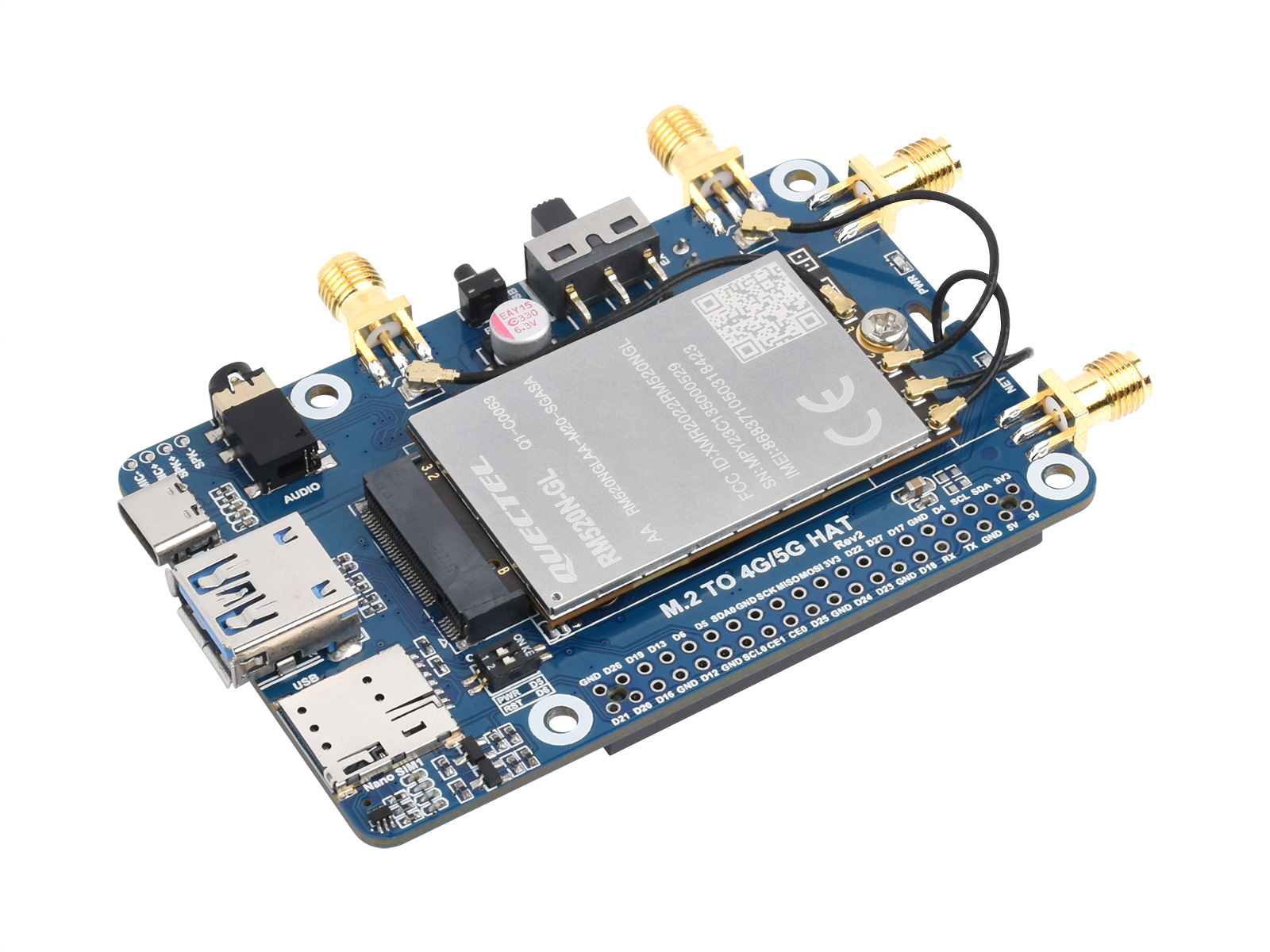 RM520N-GL 5G HAT für Raspberry Pi mit Gehäuse, vier LTE-A-Antennen, Globalband, GNSS-Positionierung, Unterstützung für 3GPP Release 16, 4G/3G