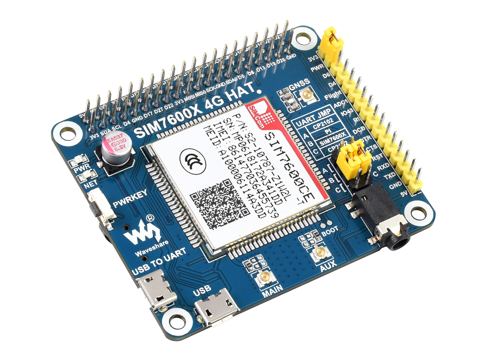 SIM7600CE 4G HAT für Raspberry Pi, LTE Cat-4 4G / 3G / 2G Unterstützung, GNSS Positionierung, für China