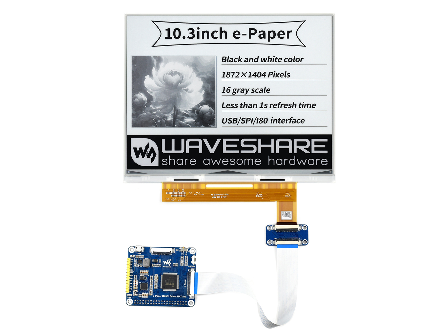 10,3-Zoll-e-Paper-e-Ink-Display-HAT-für-Raspberry-Pi, 1872×1404, Schwarz/Weiß, 16 Graustufen, USB/SPI/I80