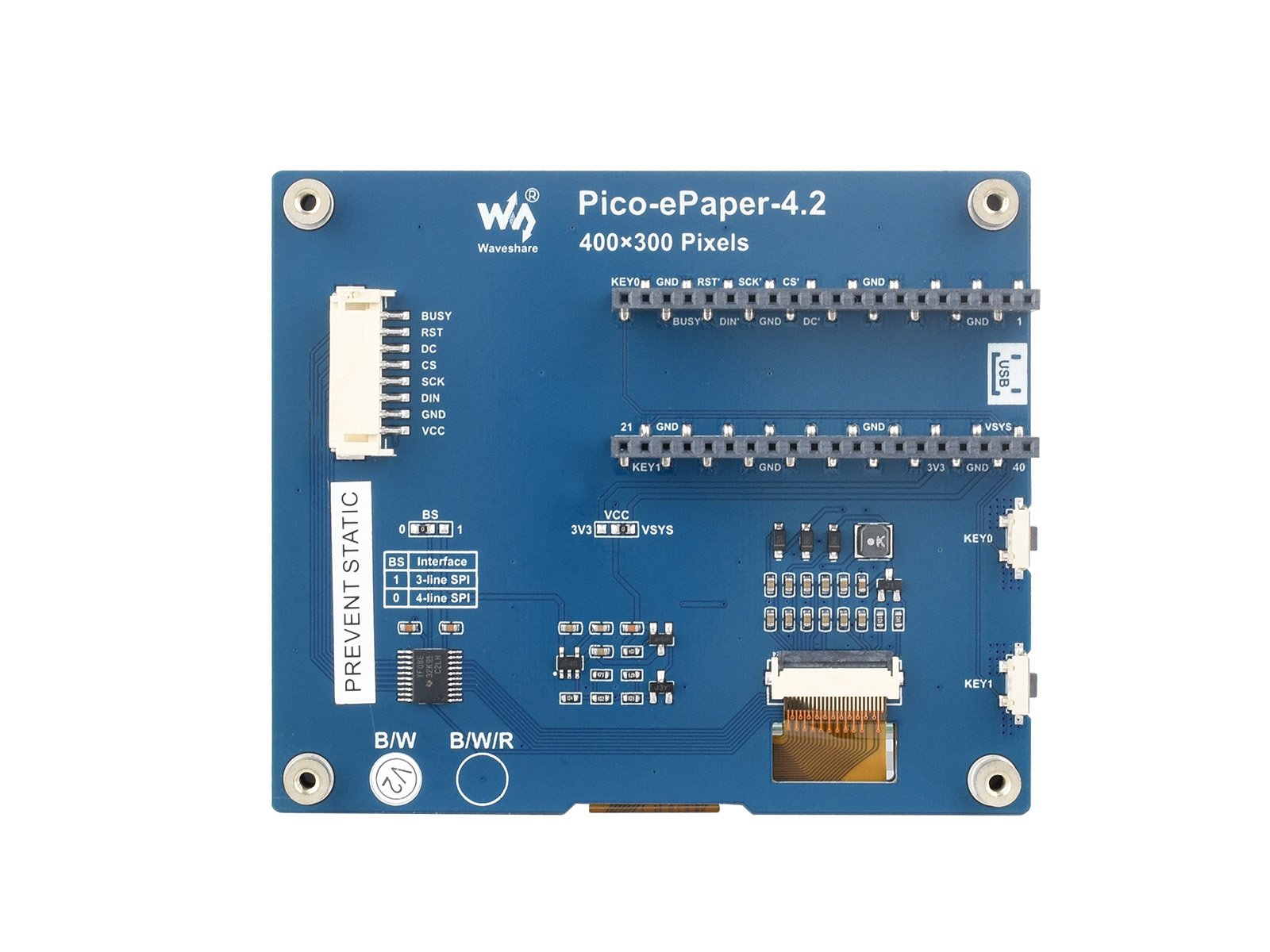 4,2-Zoll E-Paper E-Ink Displaymodul für Raspberry Pi Pico, 400×300, Schwarz/Weiß, 4 Graustufen, SPI