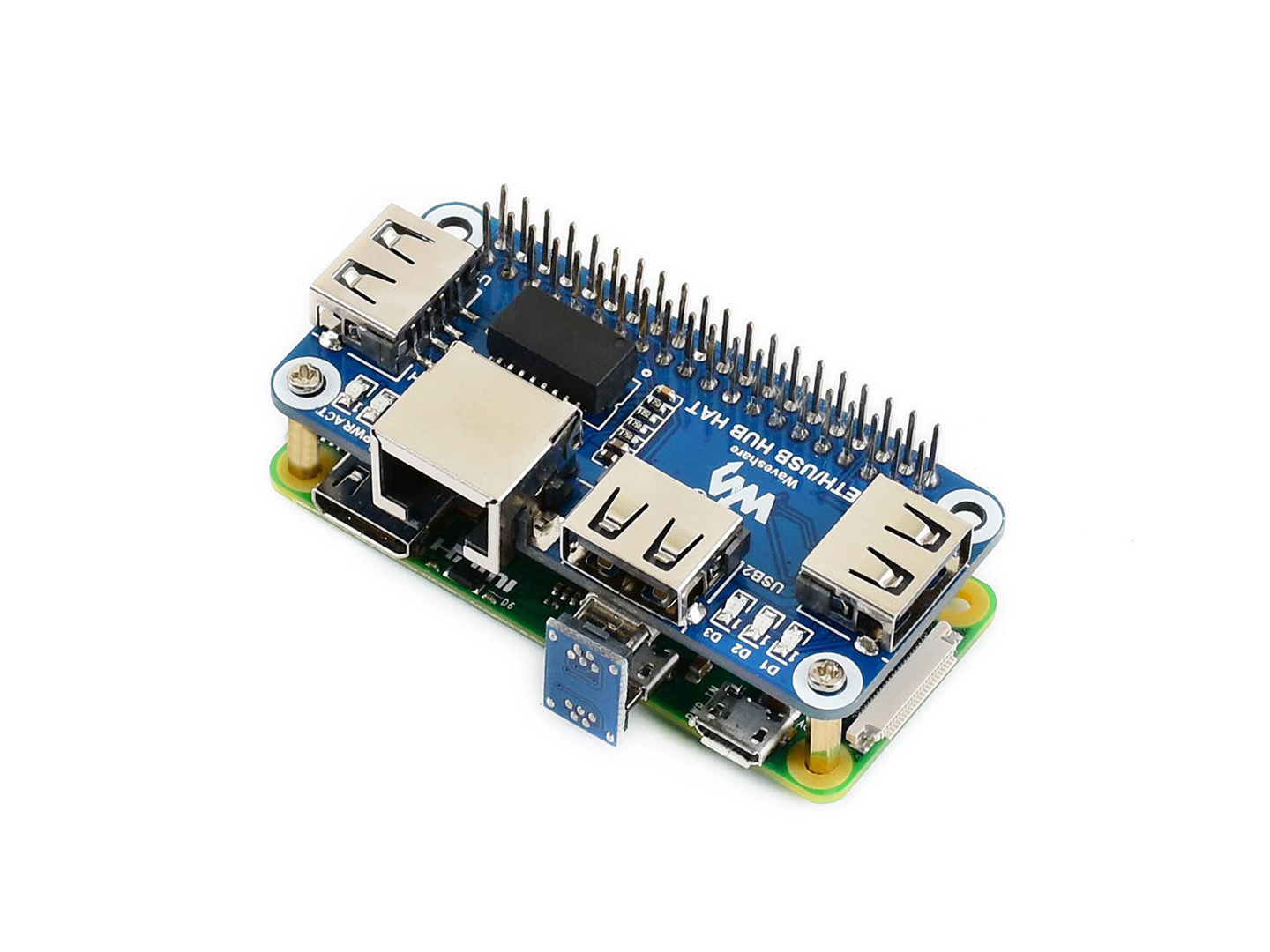 Ethernet / USB HUB HAT für Raspberry Pi, 1x RJ45, 3x USB