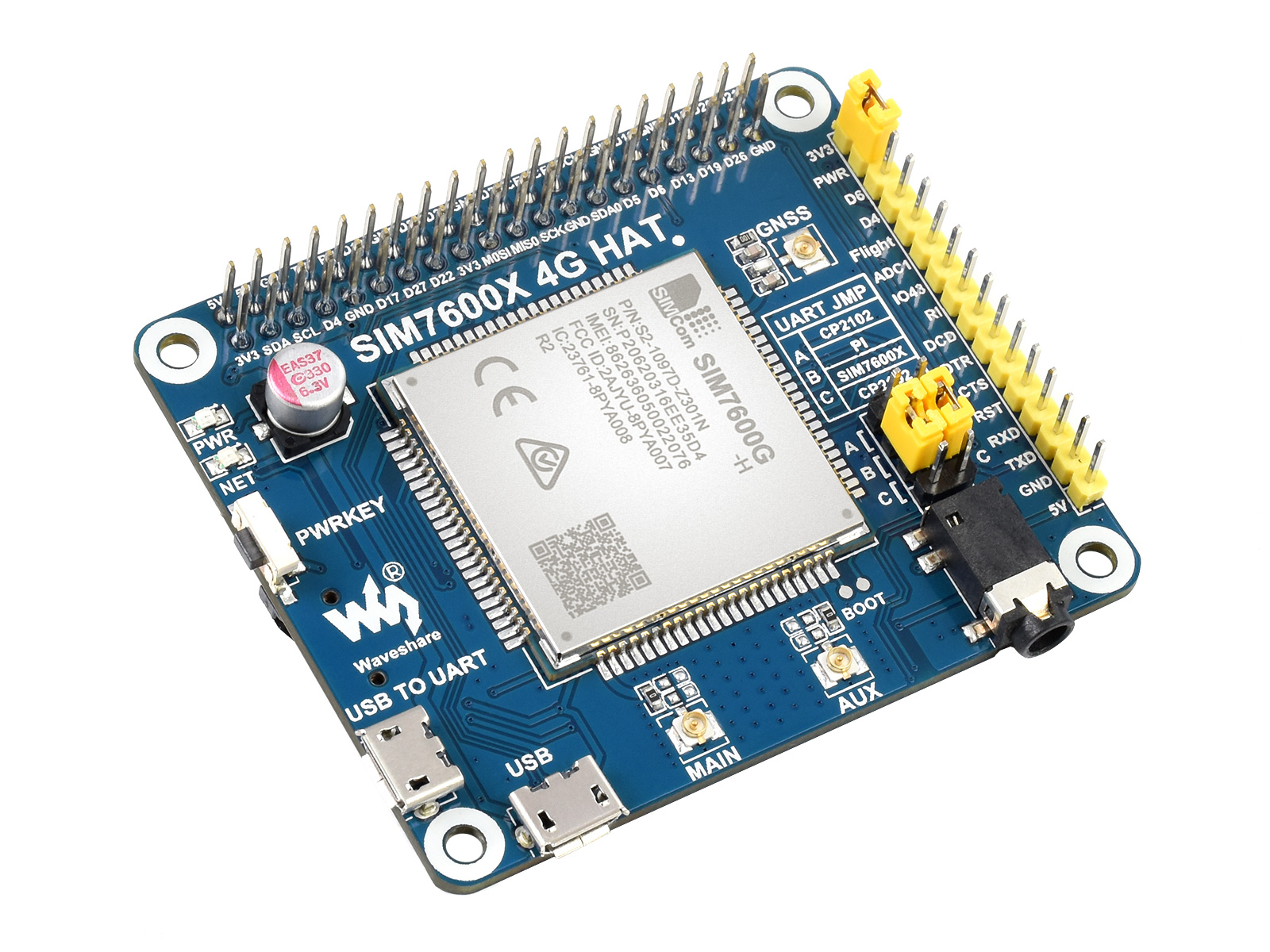 SIM7600G-H 4G HAT für Raspberry Pi, LTE Cat-4 4G / 3G / 2G Unterstützung, GNSS Positionierung, Global Band