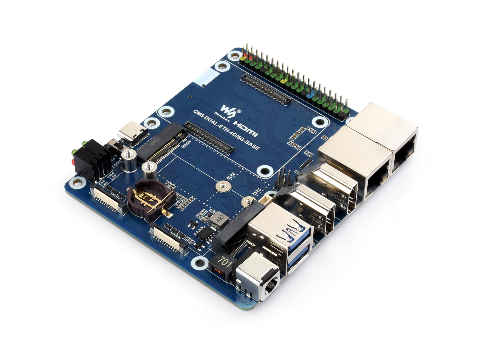 Dual-Ethernet-Basisplatine für Raspberry Pi CM5, unterstützt 4G-/5G-Modul, Dual-4K-Displayausgänge und Dual-MIPI-Schnittstellen, Onboard-40-Pin-GPIO-Stecker und Dual-USB-3.2-Gen1-Anschlüsse, PoE-Modul-Unterstützung