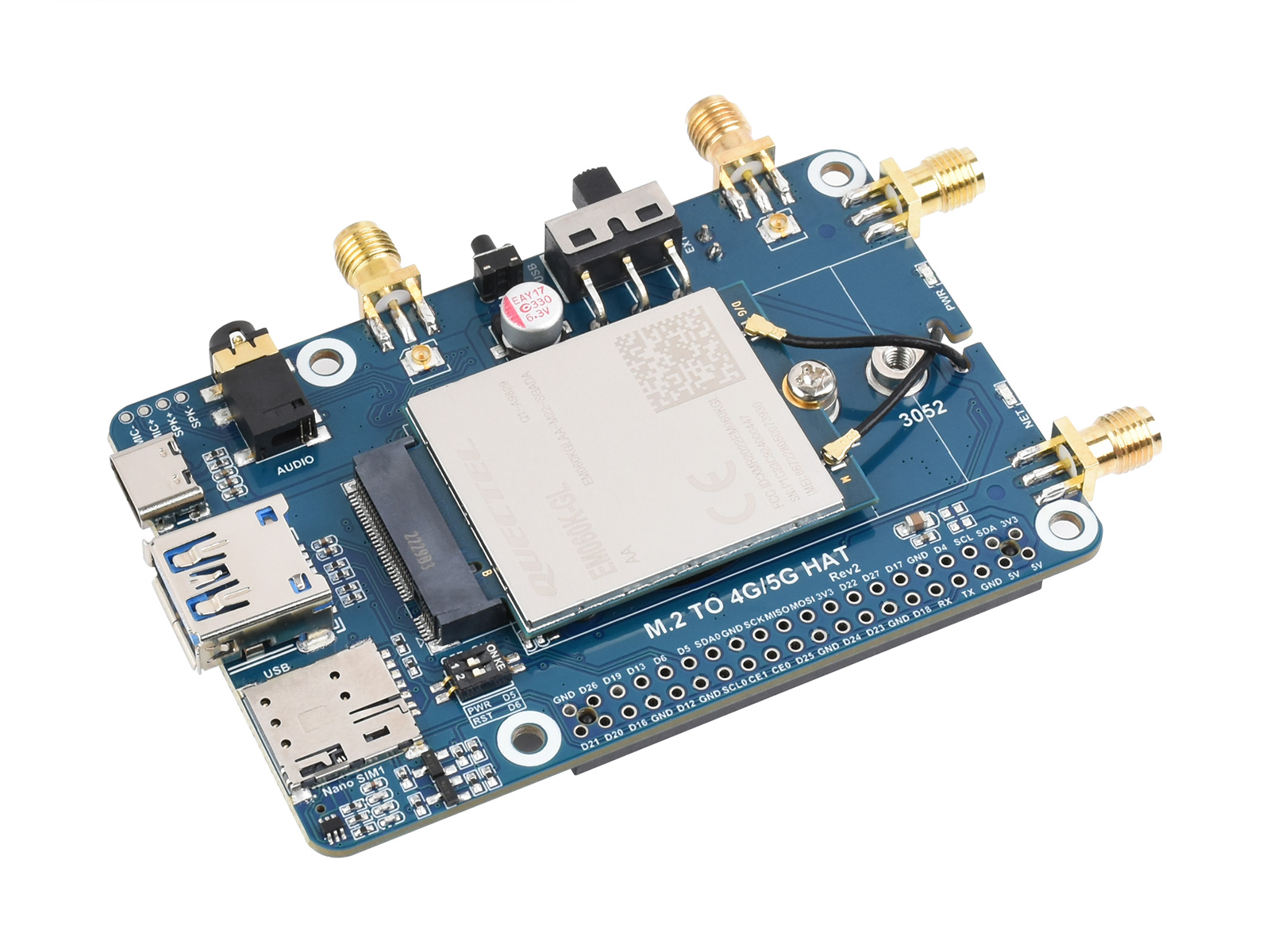 Raspberry Pi LTE Cat 6 Kommunikation HAT, LTE-A Global Multi-Band, GNSS-Positionierung, inklusive EM060K-GL Modul