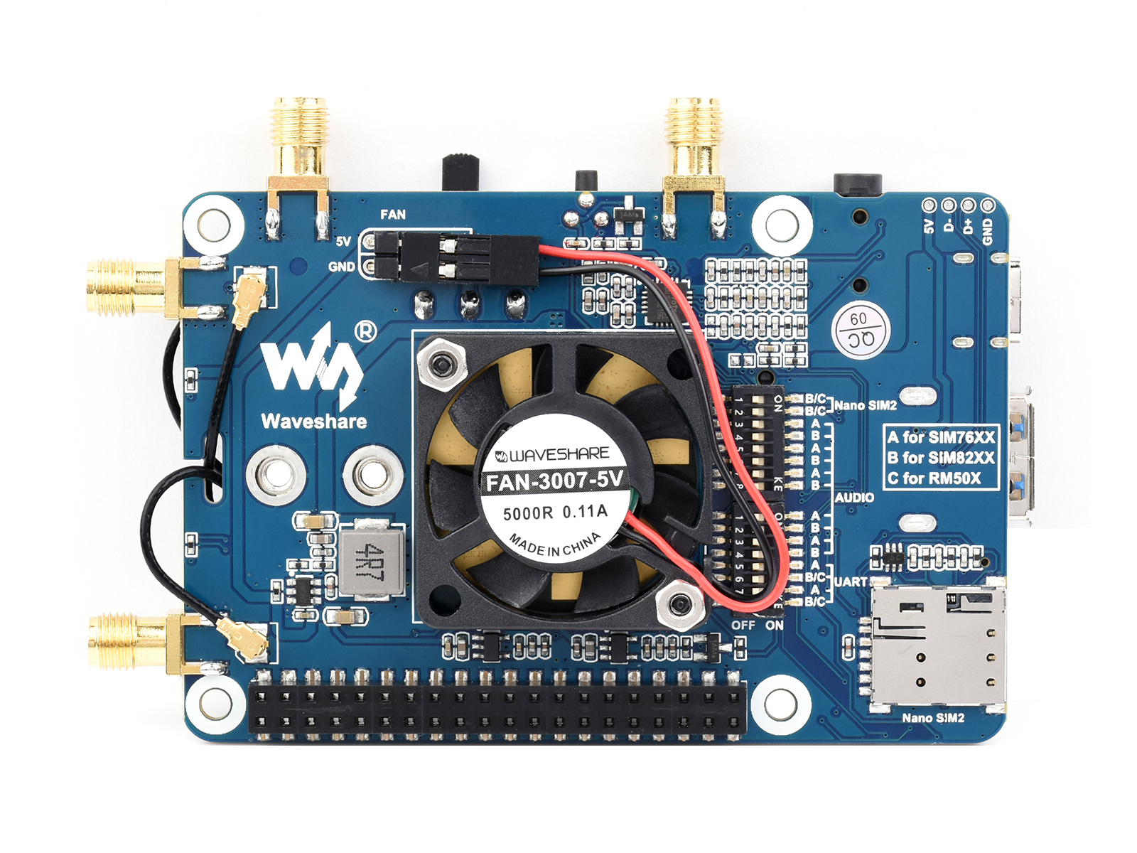 SIM82XX-M2 5G HAT für Raspberry Pi, Quad-Antennen 5G NSA, Multiband, 5G/4G/3G kompatibel, mit Gehäuse (optional)