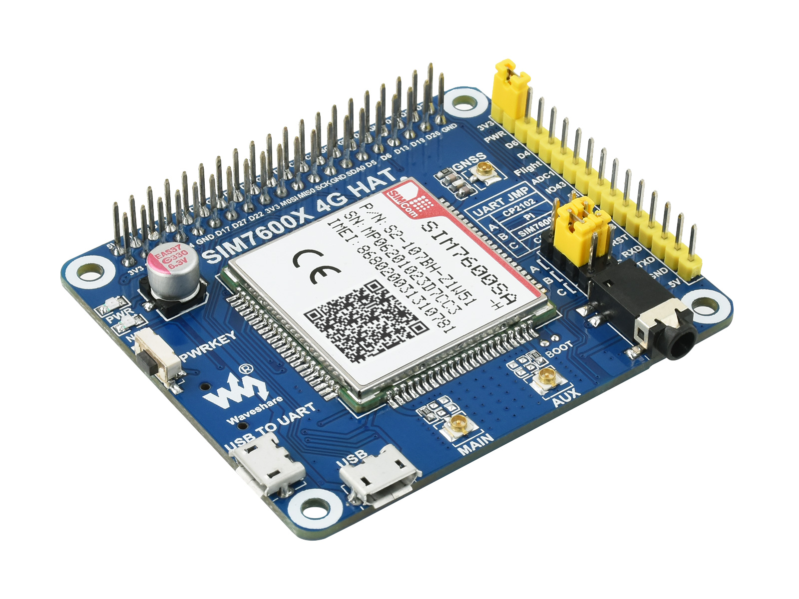 SIM7600SA-H 4G HAT für Raspberry Pi, 4G / 3G / 2G / GNSS, für Australien, Neuseeland, Taiwan (China), Lateinamerika