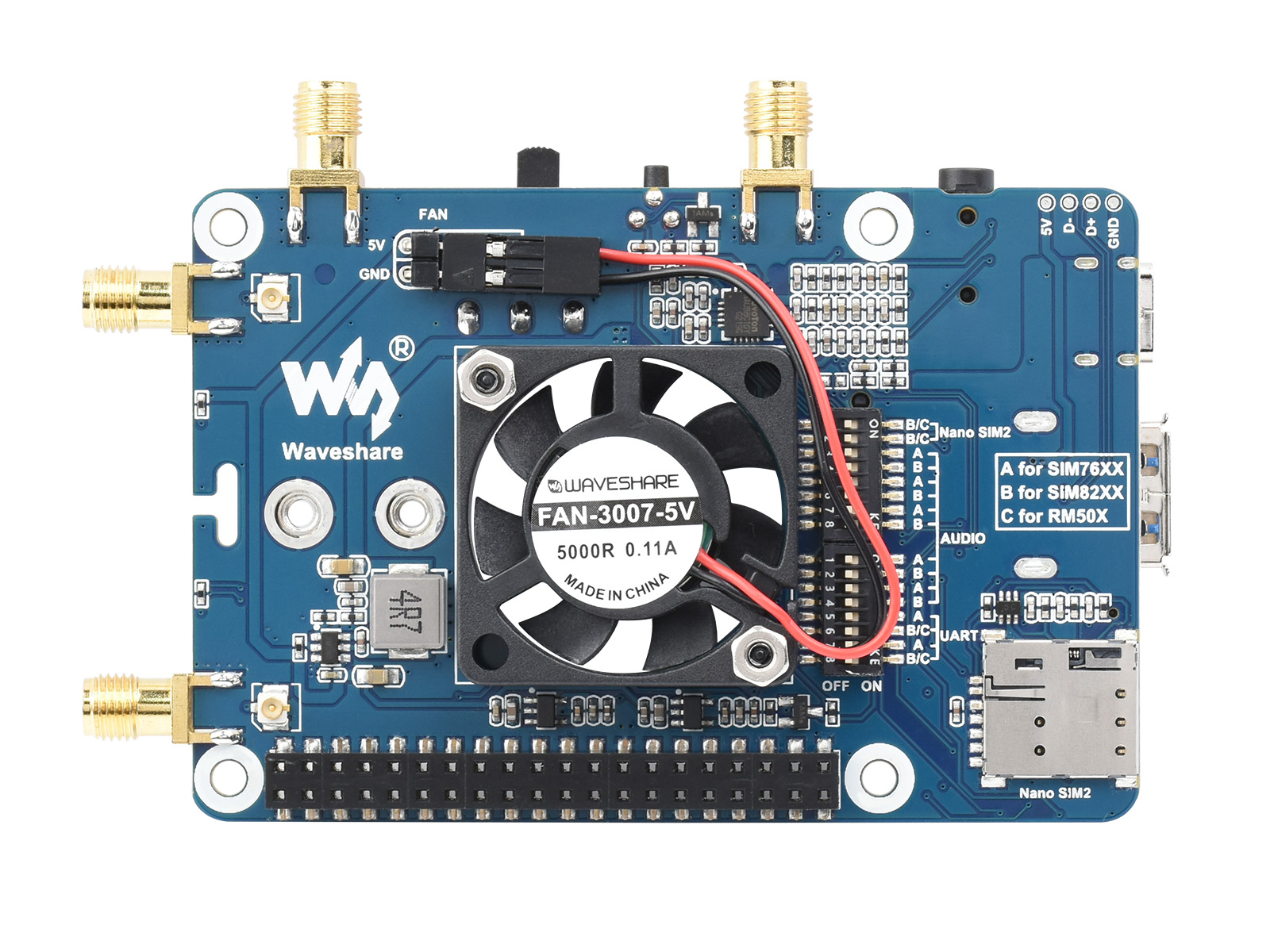 RM500x / RM502x 5G HAT für Raspberry Pi, vier LTE-A-Antennen, Multiband, 5G/4G/3G