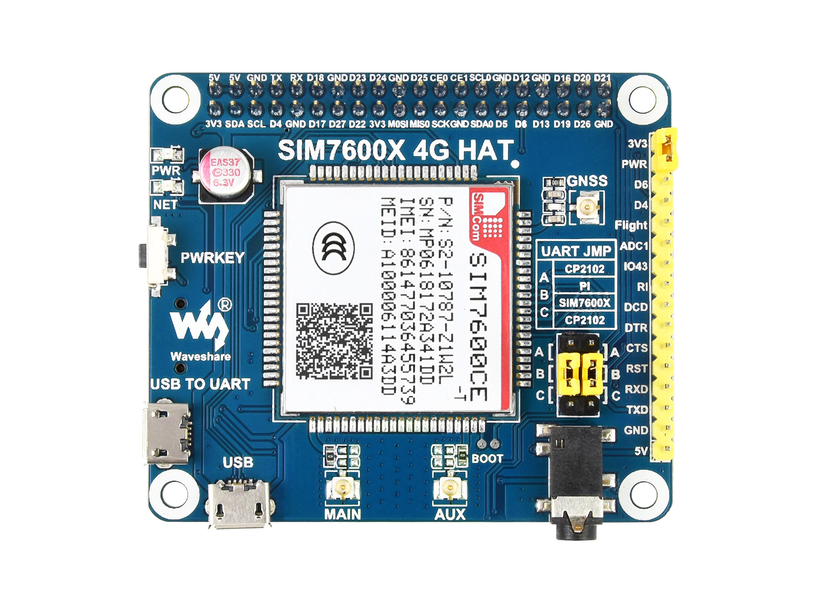 SIM7600CE 4G HAT für Raspberry Pi, LTE Cat-4 4G / 3G / 2G Unterstützung, GNSS Positionierung, für China