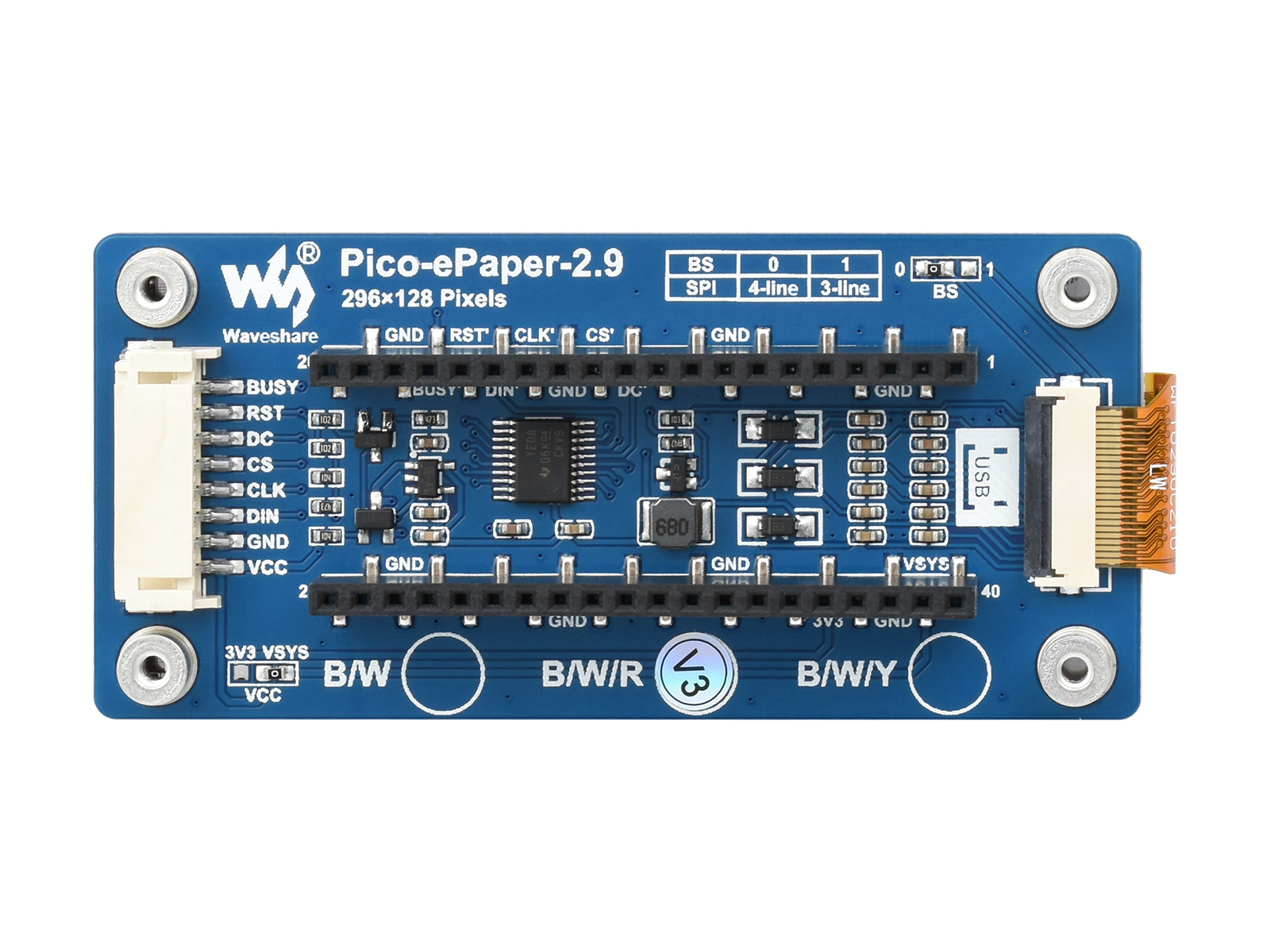 2,9-Zoll E-Paper E-Ink Displaymodul (B) für Raspberry Pi Pico, 296×128, Rot/Schwarz/Weiß, SPI
