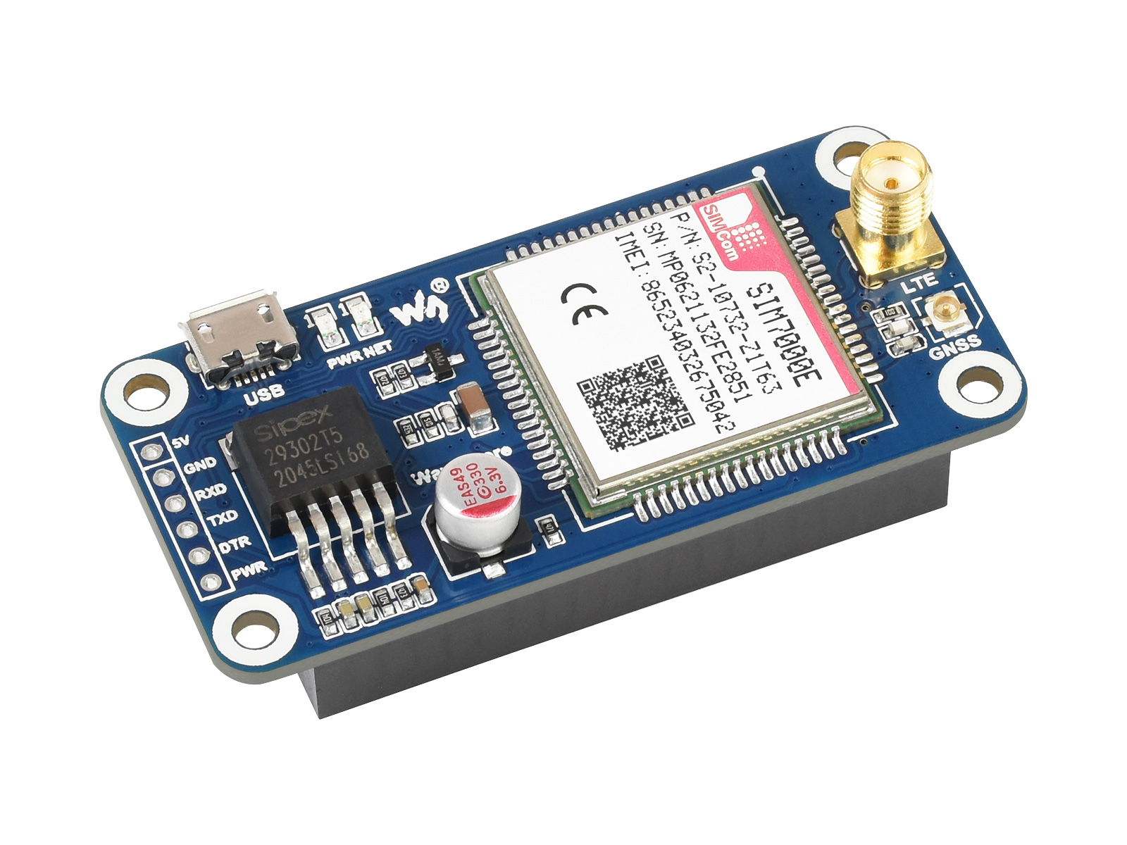 SIM7000E NB-IoT / Cat-M / EDGE / GPRS HAT für Raspberry Pi, GNSS, für Europa, Afrika, Australien, Südostasien