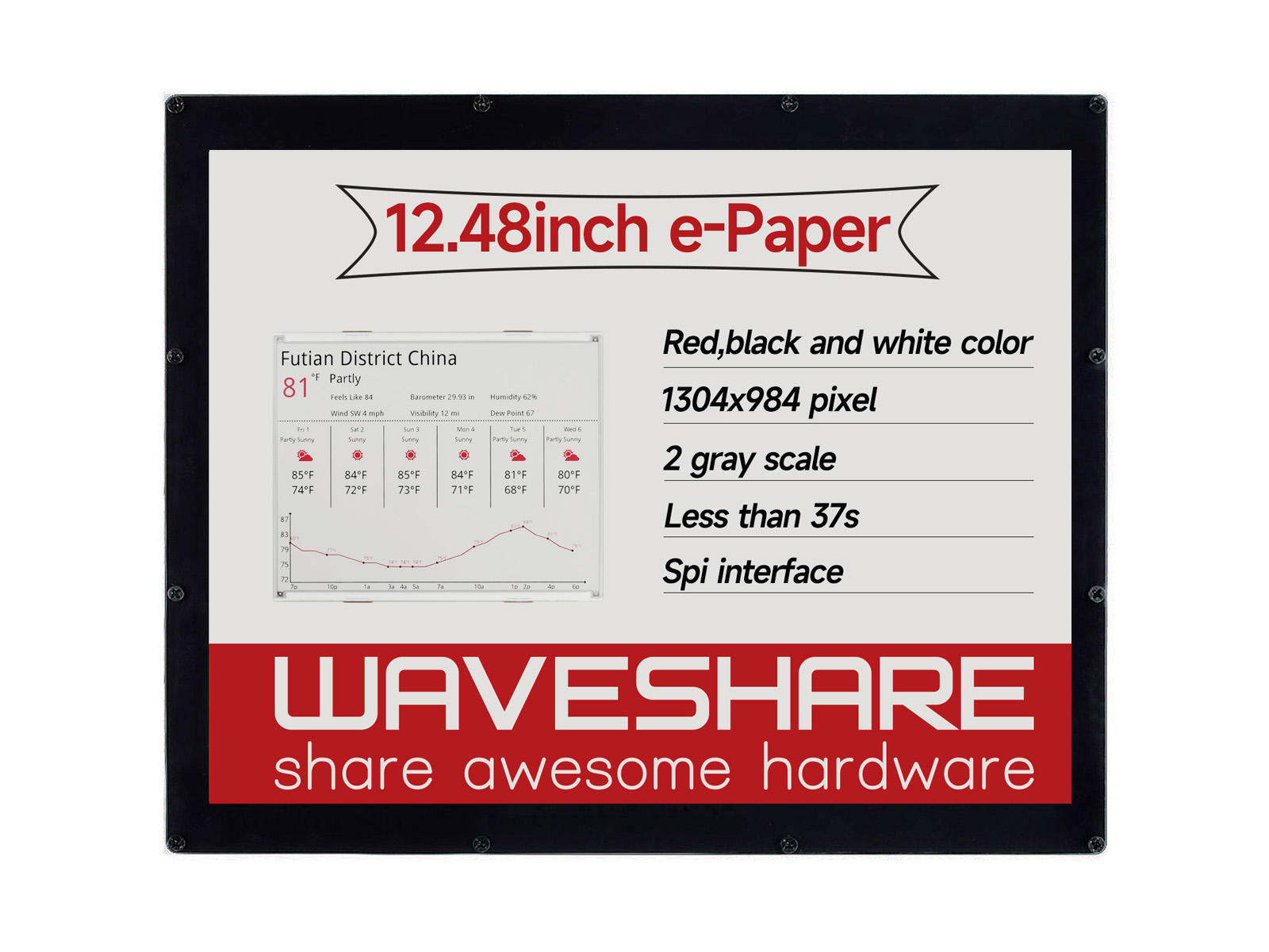 1304×984, 12,48-Zoll E-Ink-Displaymodul, rot/schwarz/weiß dreifarbig