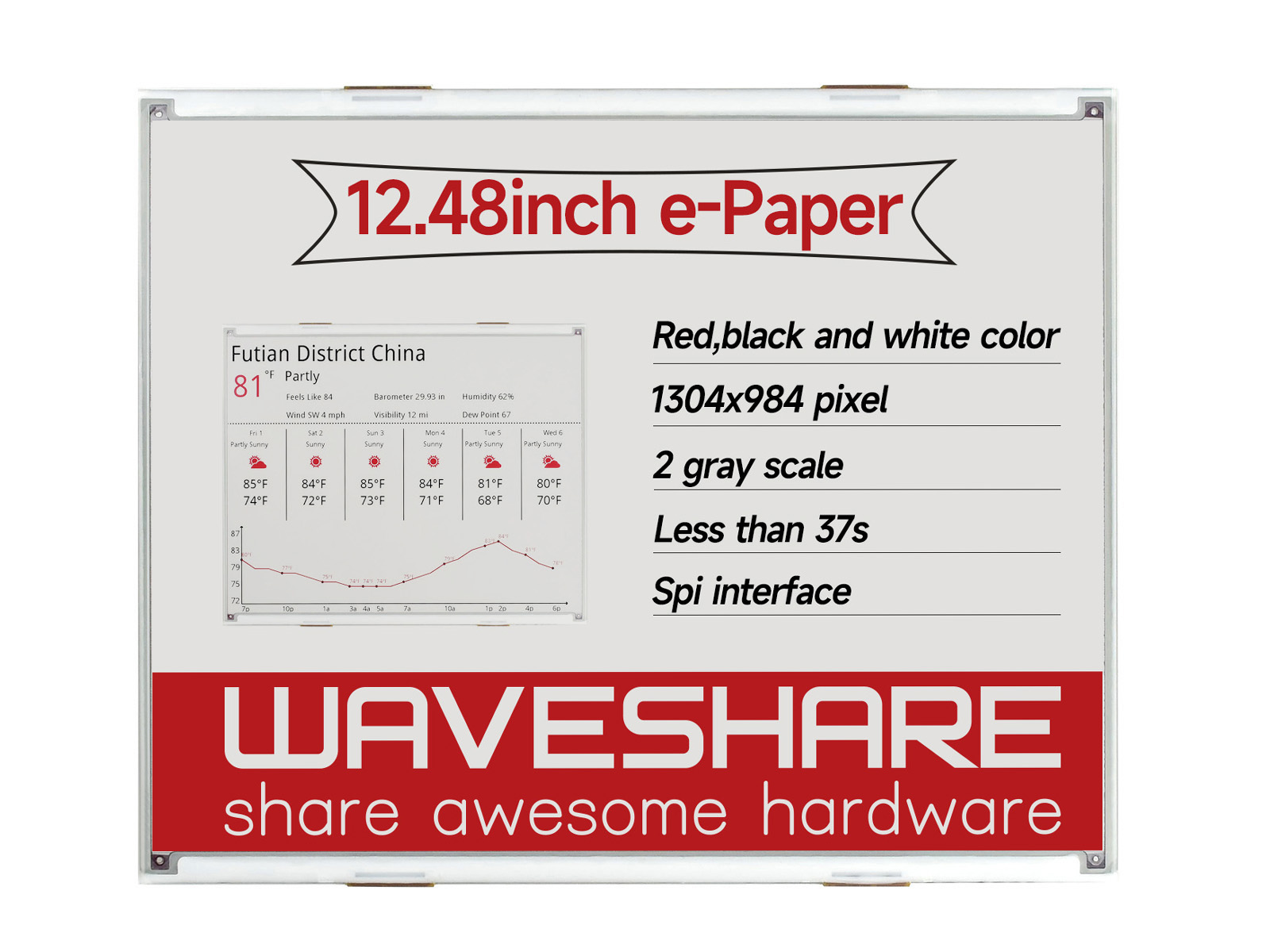 1304×984, 12,48-Zoll E-Ink-Rohdisplay, rot/schwarz/weiß dreifarbig