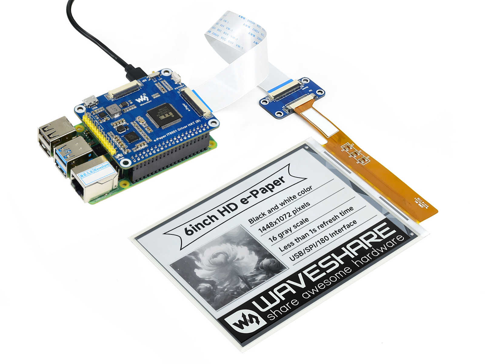 1448×1072 hochauflösendes 6-Zoll-E-Ink-Display-HAT für Raspberry Pi