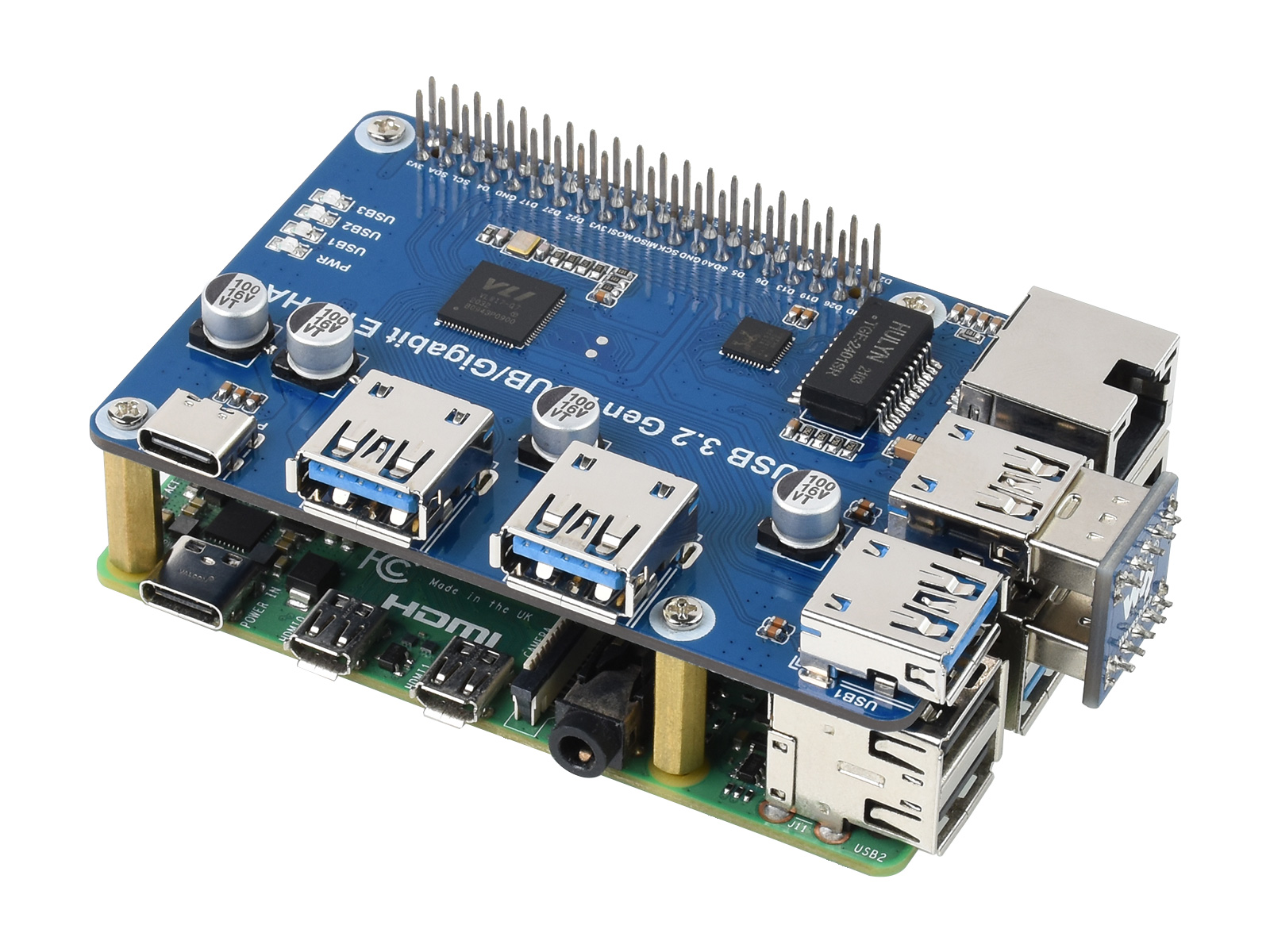 USB 3.2 Gen1 und Gigabit-Ethernet-HUB-HAT für Raspberry Pi, 3x USB, 1x Gigabit-ETH, treiberfrei