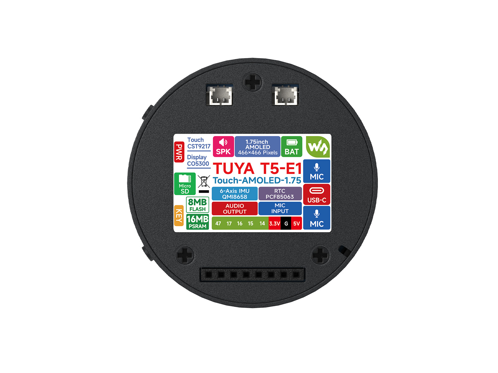 Tuya T5-E1 1,75-Zoll AMOLED Rund-Entwicklungsplatine, 466 × 466 Pixel, QSPI-Schnittstelle, unterstützt die Tuya Smart Global AI Cloud-Entwicklungsplattform und mehrere große KI-Modelle, All-in-One-Touchdisplay