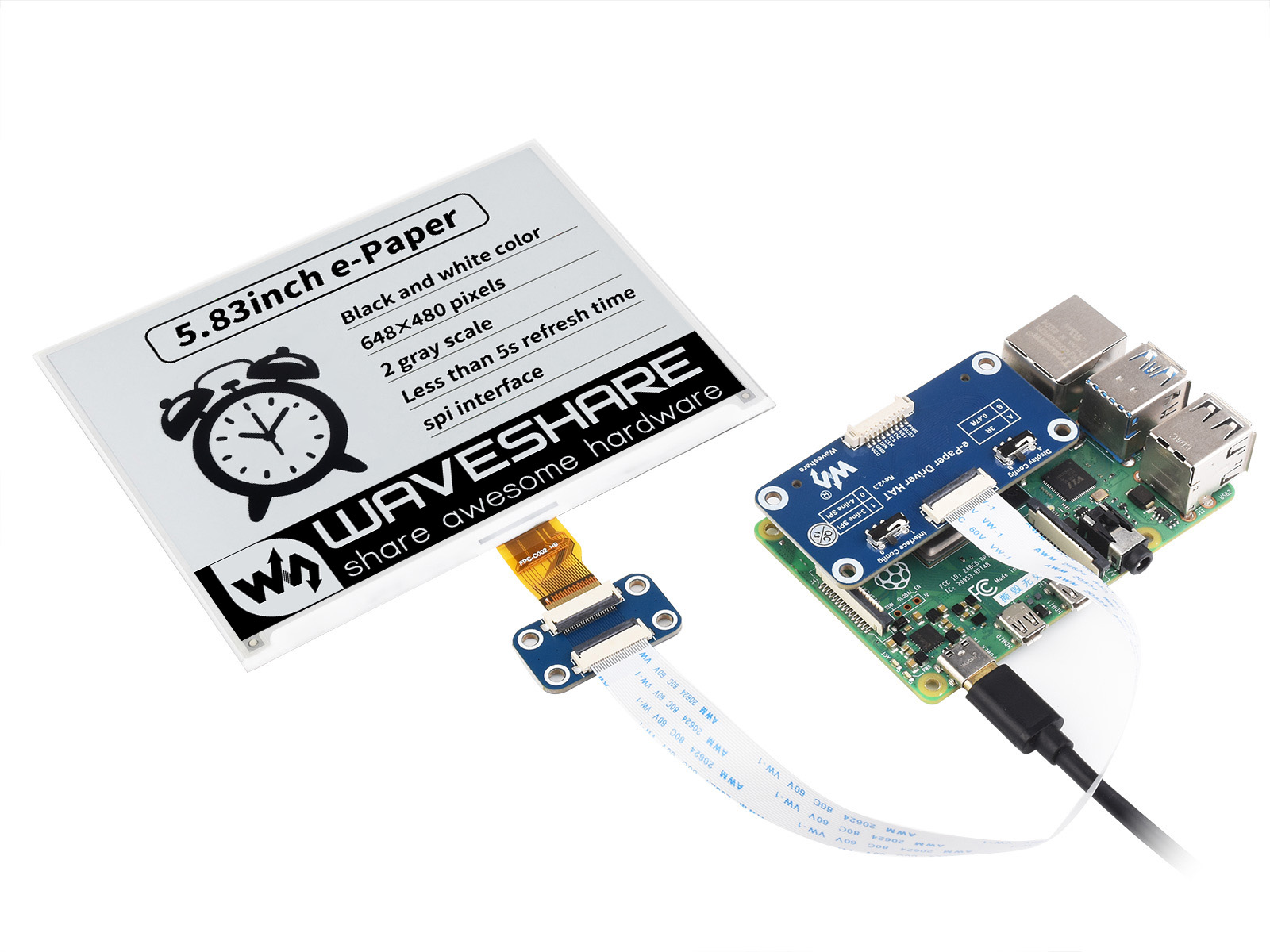 5,83-Zoll E-Paper E-Ink Display HAT für Raspberry Pi, 648×480, Schwarz/Weiß, SPI