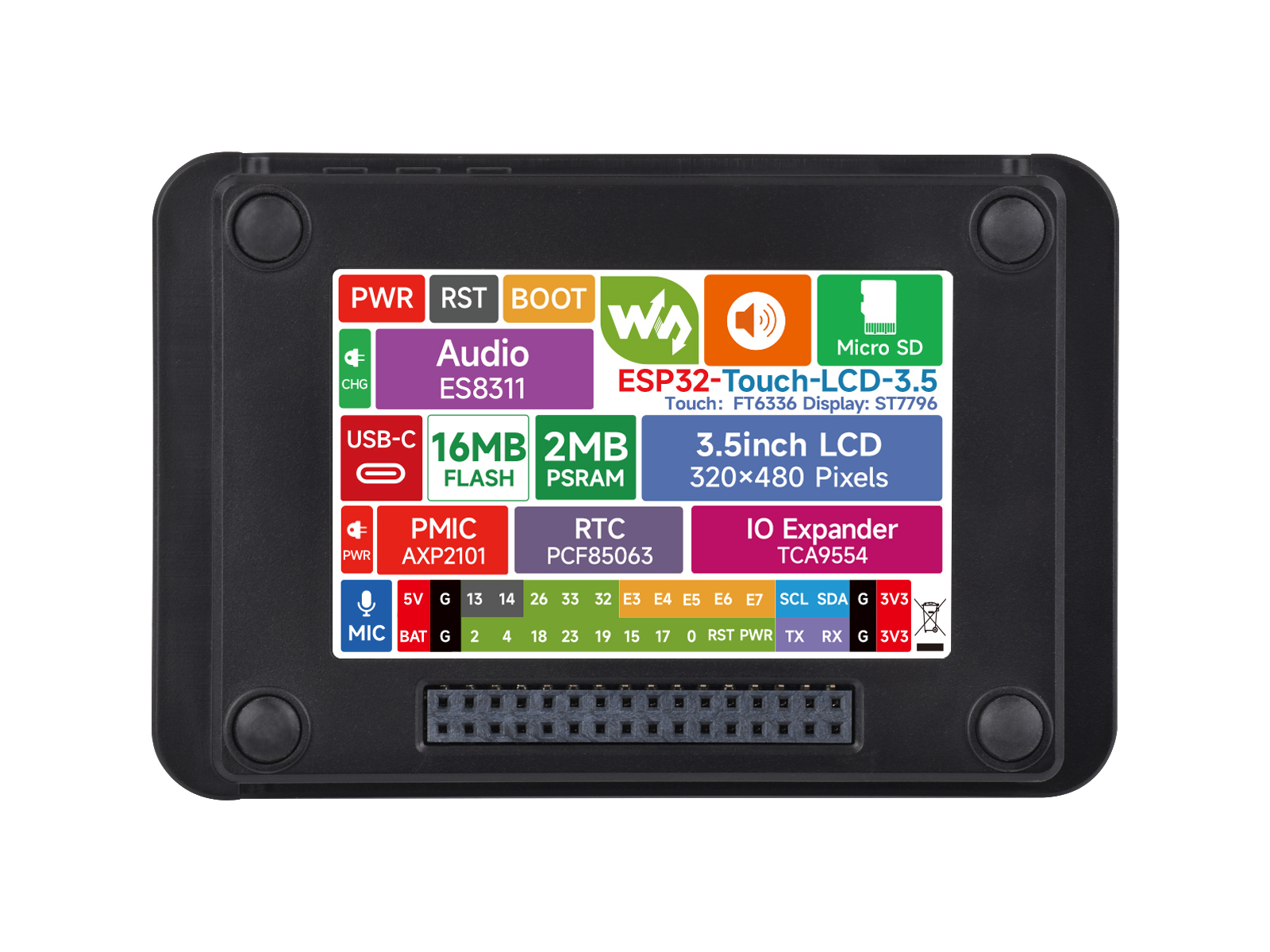 ESP32 3,5-Zoll Touch-LCD-Entwicklungsboard mit abgerundeten Ecken, 320 × 480, Onboard-Audio-Codec-Chip, integriertes Mikrofon und Lautsprecher, unterstützt Wi-Fi und BLE, ESP32-WROOM-32, ESP32-2432S