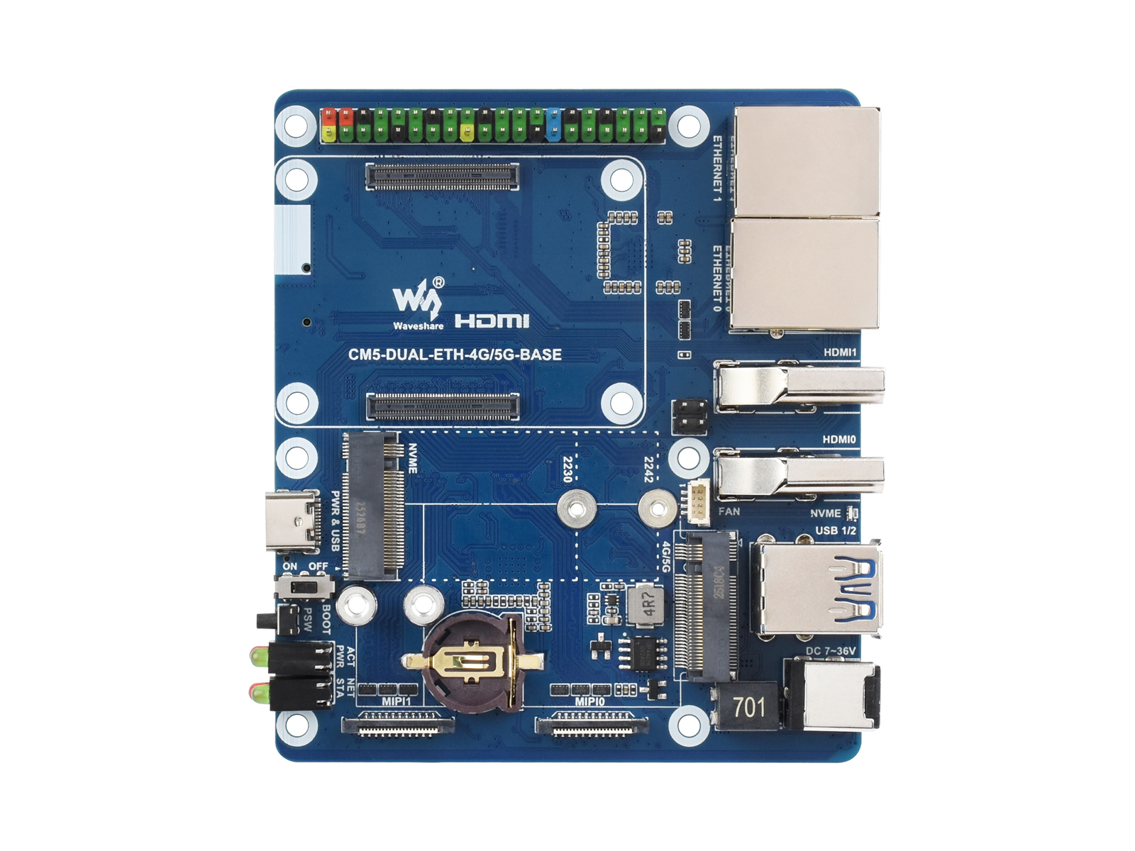Dual-Ethernet-Basisplatine für Raspberry Pi CM5, unterstützt 4G-/5G-Modul, Dual-4K-Displayausgänge und Dual-MIPI-Schnittstellen, Onboard-40-Pin-GPIO-Stecker und Dual-USB-3.2-Gen1-Anschlüsse, PoE-Modul-Unterstützung
