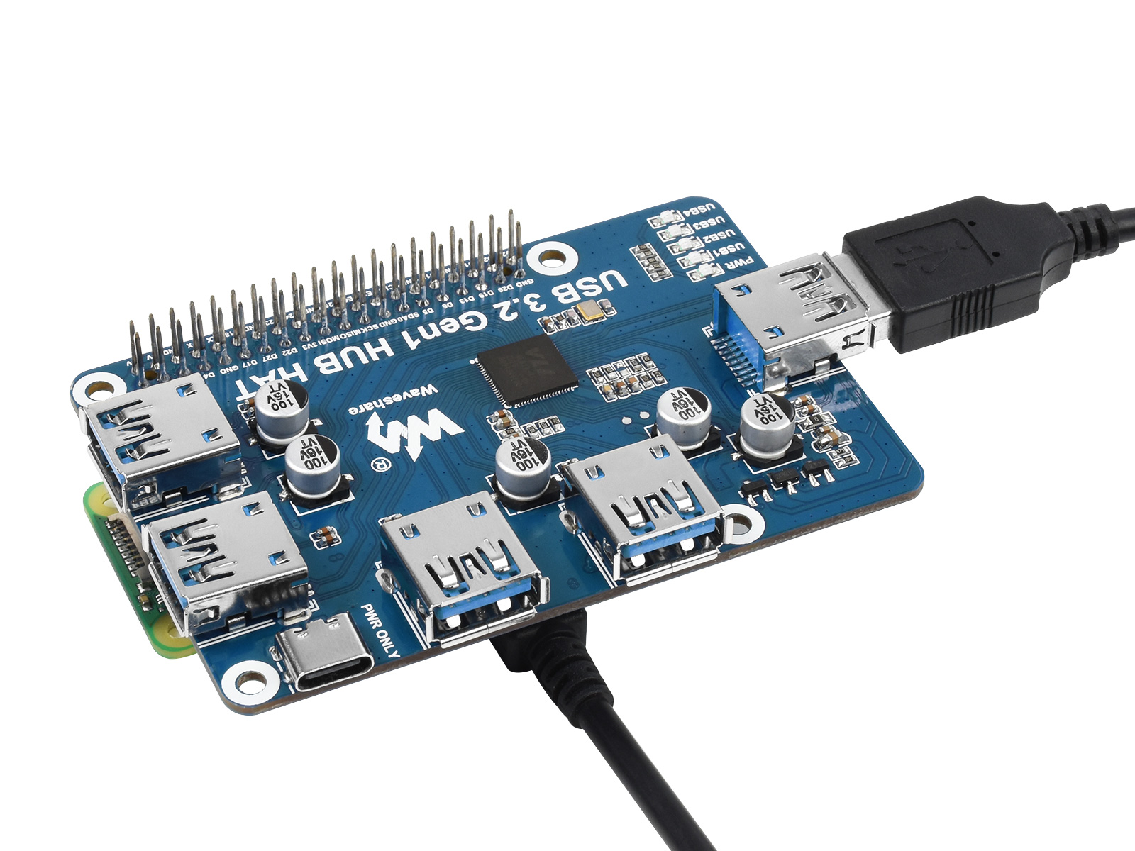 USB 3.2 Gen1 HUB HAT für Raspberry Pi, 4x USB 3.2 Gen1 Anschlüsse, treiberfrei