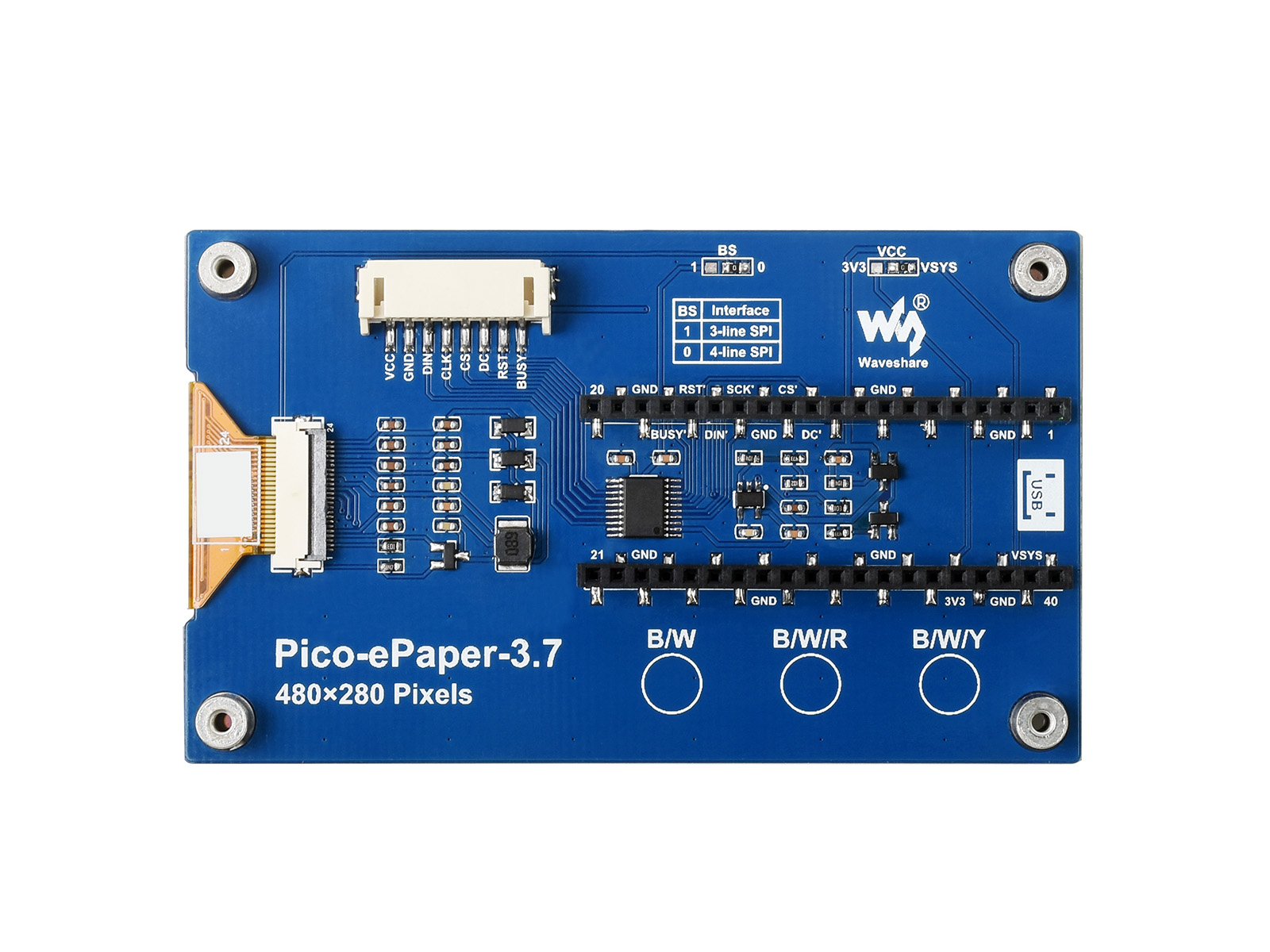 3,7-Zoll E-Paper E-Ink-Displaymodul für Raspberry Pi Pico, 480×280, Schwarz/Weiß, 4 Graustufen, SPI