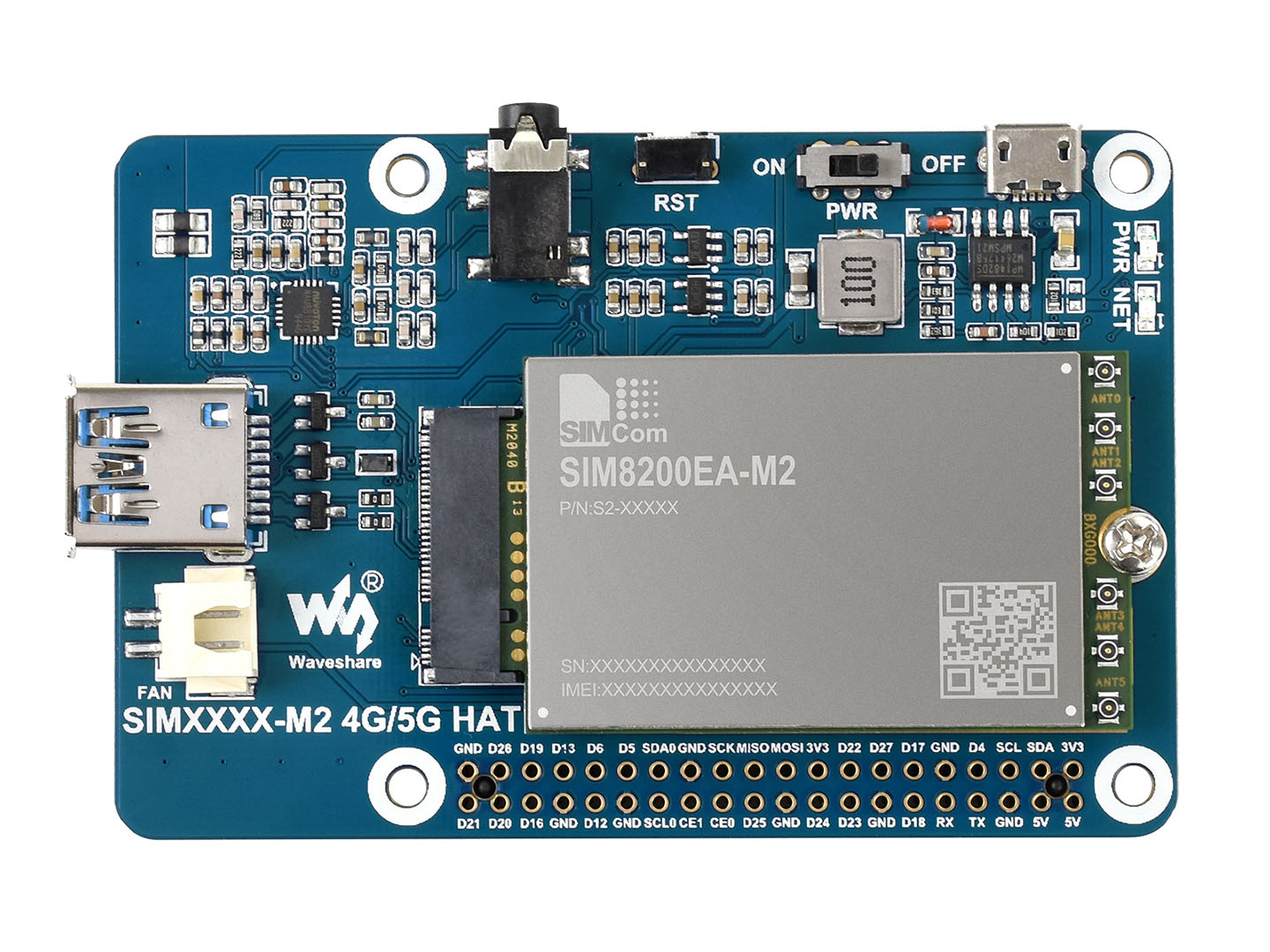 SIM8200EA-M2 5G HAT für Raspberry Pi, 5G/4G/3G-Unterstützung, Snapdragon X55, Multi-Mode Multi-Band
