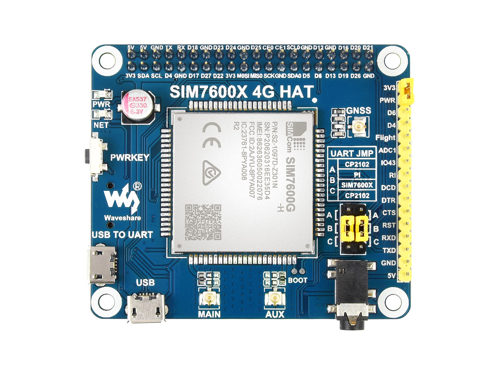 SIM7600G-H 4G HAT für Raspberry Pi, LTE Cat-4 4G / 3G / 2G Unterstützung, GNSS Positionierung, Global Band