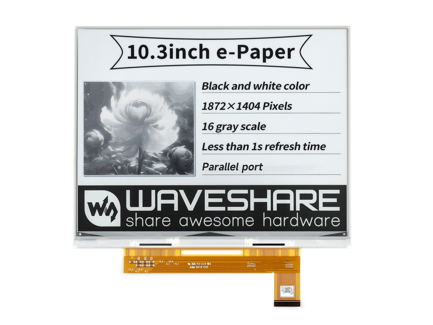 10,3-Zoll-e-Paper-e-Ink-Rohdisplay, 1872×1404, Schwarz/Weiß, 16 Graustufen, Parallelanschluss, ohne Leiterplatte