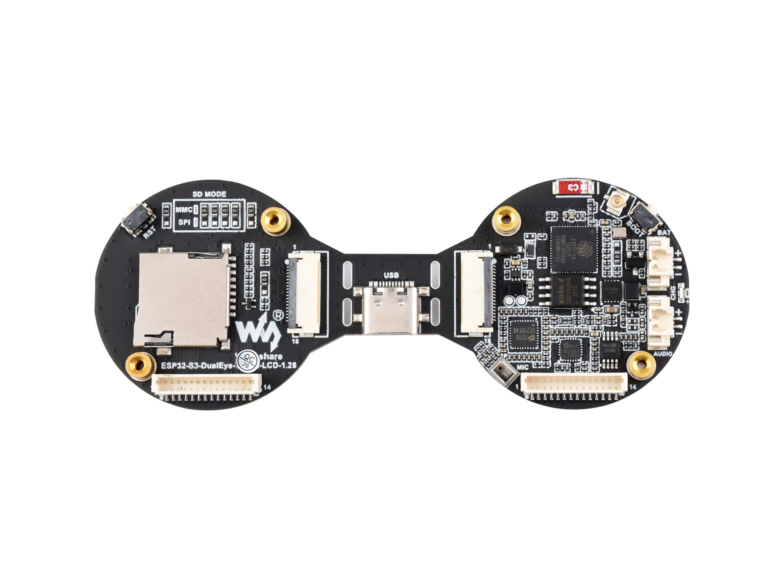 ESP32-S3 1,28-Zoll Double Eye Round LCD AIoT-Entwicklungsboard, mit zwei integrierten 1,28-Zoll-IPS-Displays, 240 × 240 Pixel Auflösung, Dual-Core 240 MHz Prozessor, unterstützt Wi-Fi / Bluetooth 5