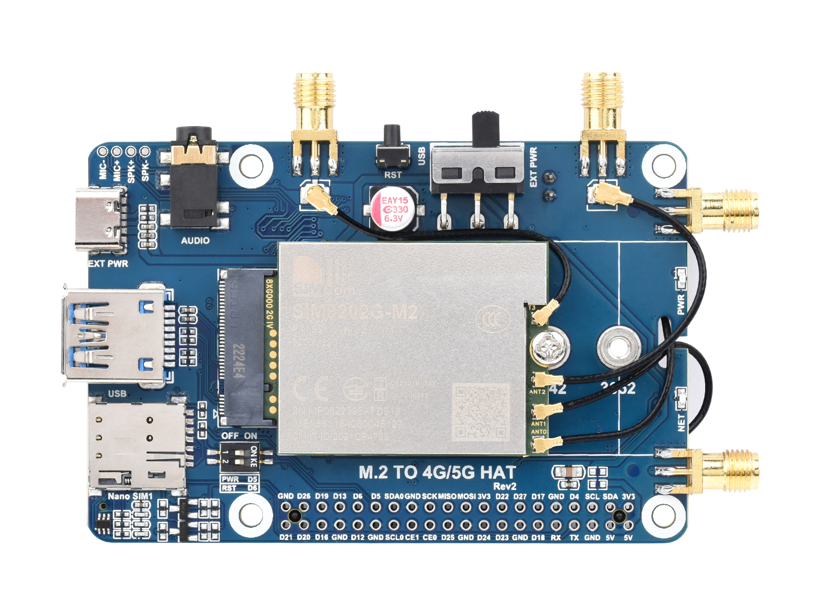 SIM82XX-M2 5G HAT für Raspberry Pi, Quad-Antennen 5G NSA, Multiband, 5G/4G/3G kompatibel, mit Gehäuse (optional)
