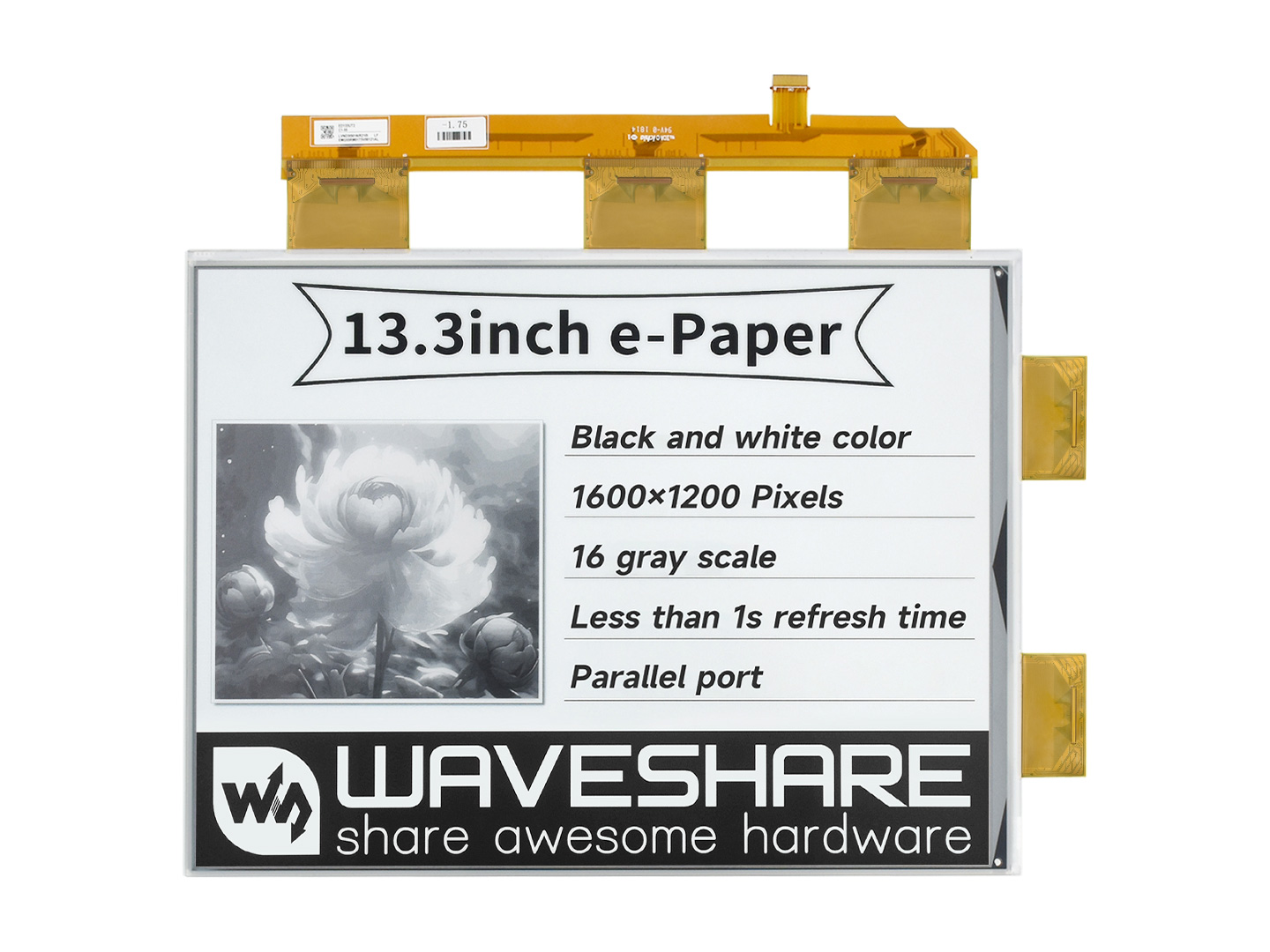 13,3-Zoll-e-Paper-e-Ink-Rohdisplay, 1600×1200, Schwarz/Weiß, 16 Graustufen, Parallelanschluss, ohne Leiterplatte