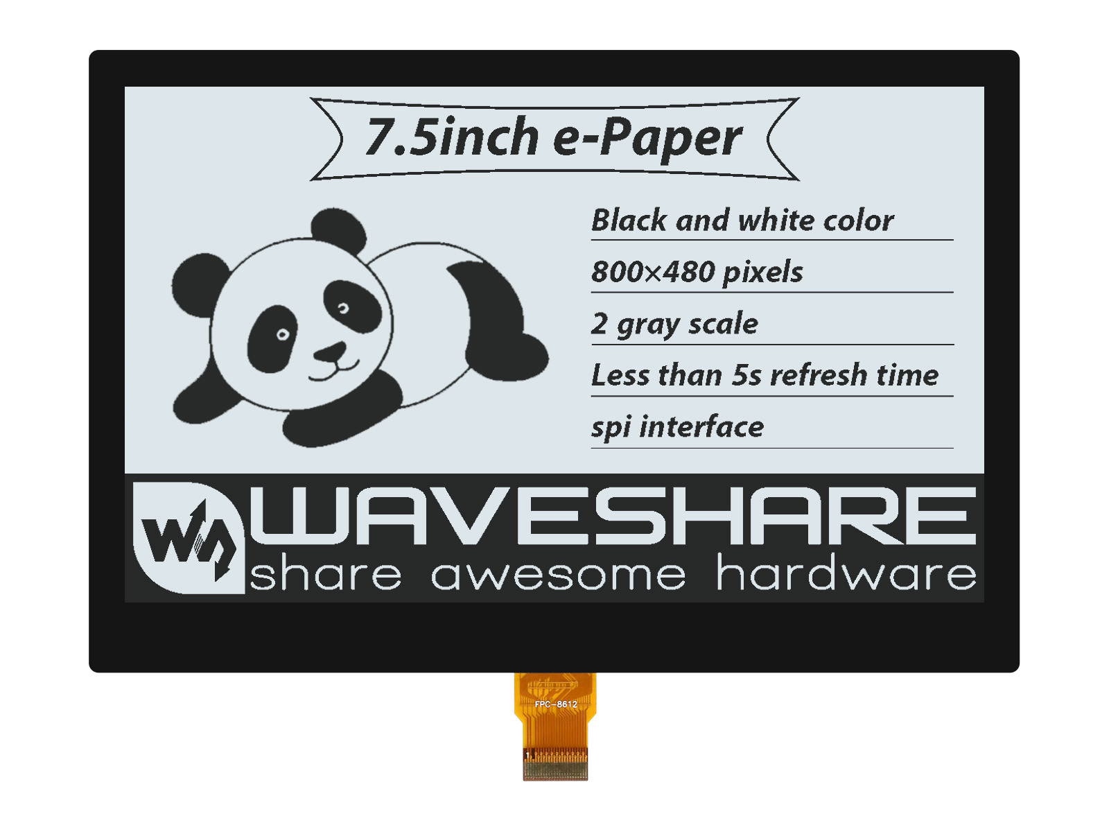 7,5-Zoll-e-Paper (G) E-Ink-Optical-Bonding-Display, 800×480, Schwarz/Weiß, SPI, ohne Leiterplatte