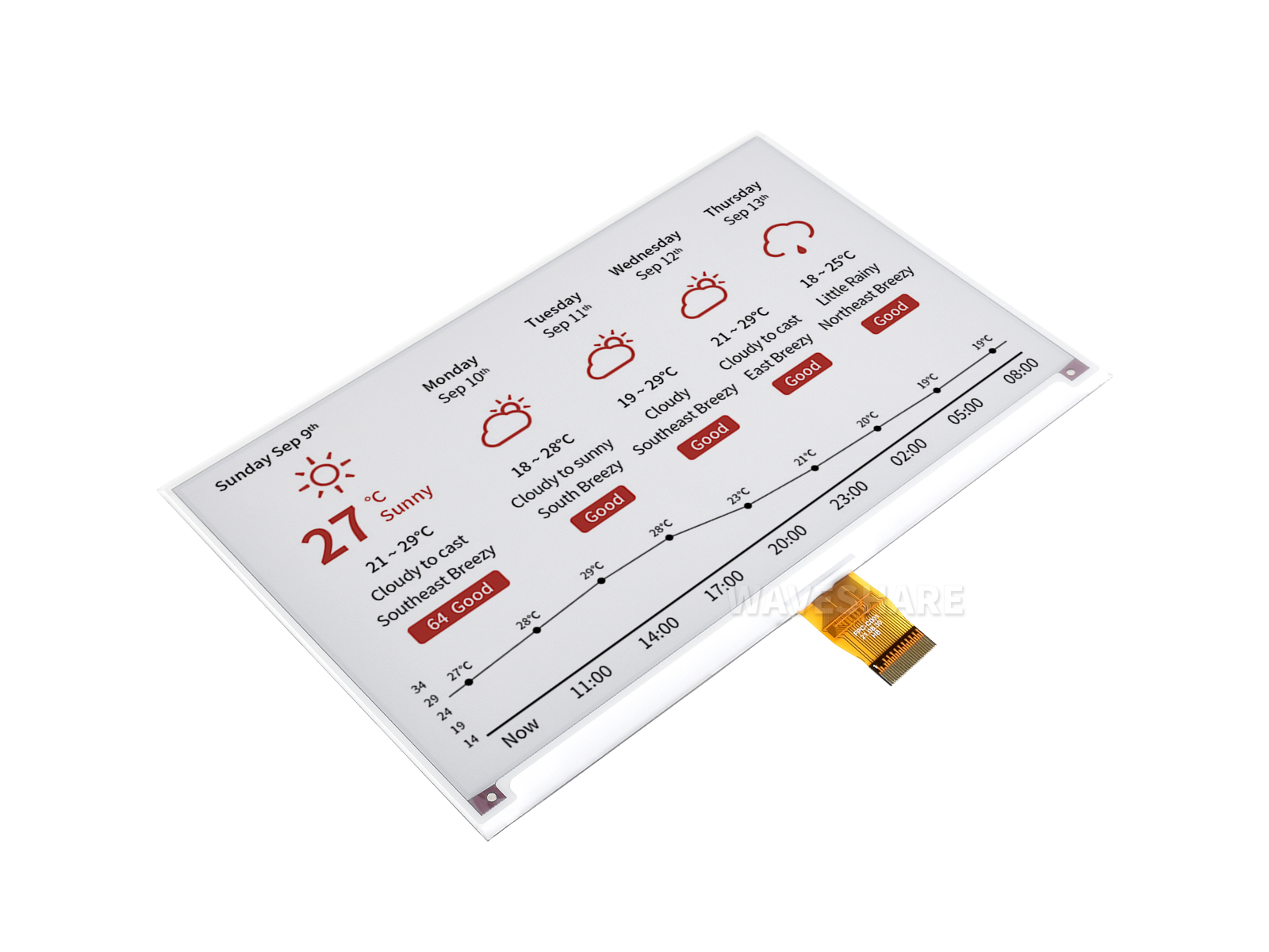 7,5-Zoll E-Paper (B) E-Ink Rohdisplay, 800×480, Rot/Schwarz/Weiß, SPI, ohne Leiterplatte