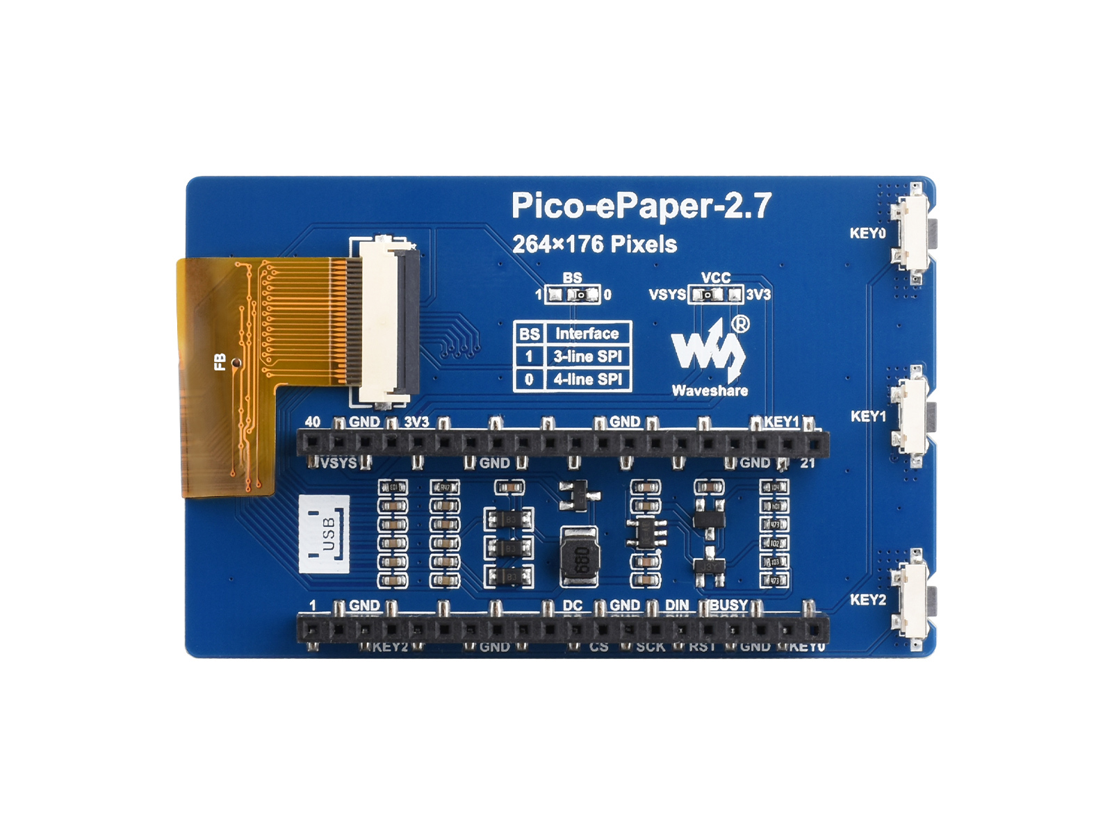 2,7-Zoll E-Paper E-Ink Displaymodul für Raspberry Pi Pico, 264×176, Schwarz/Weiß, 4 Graustufen, SPI