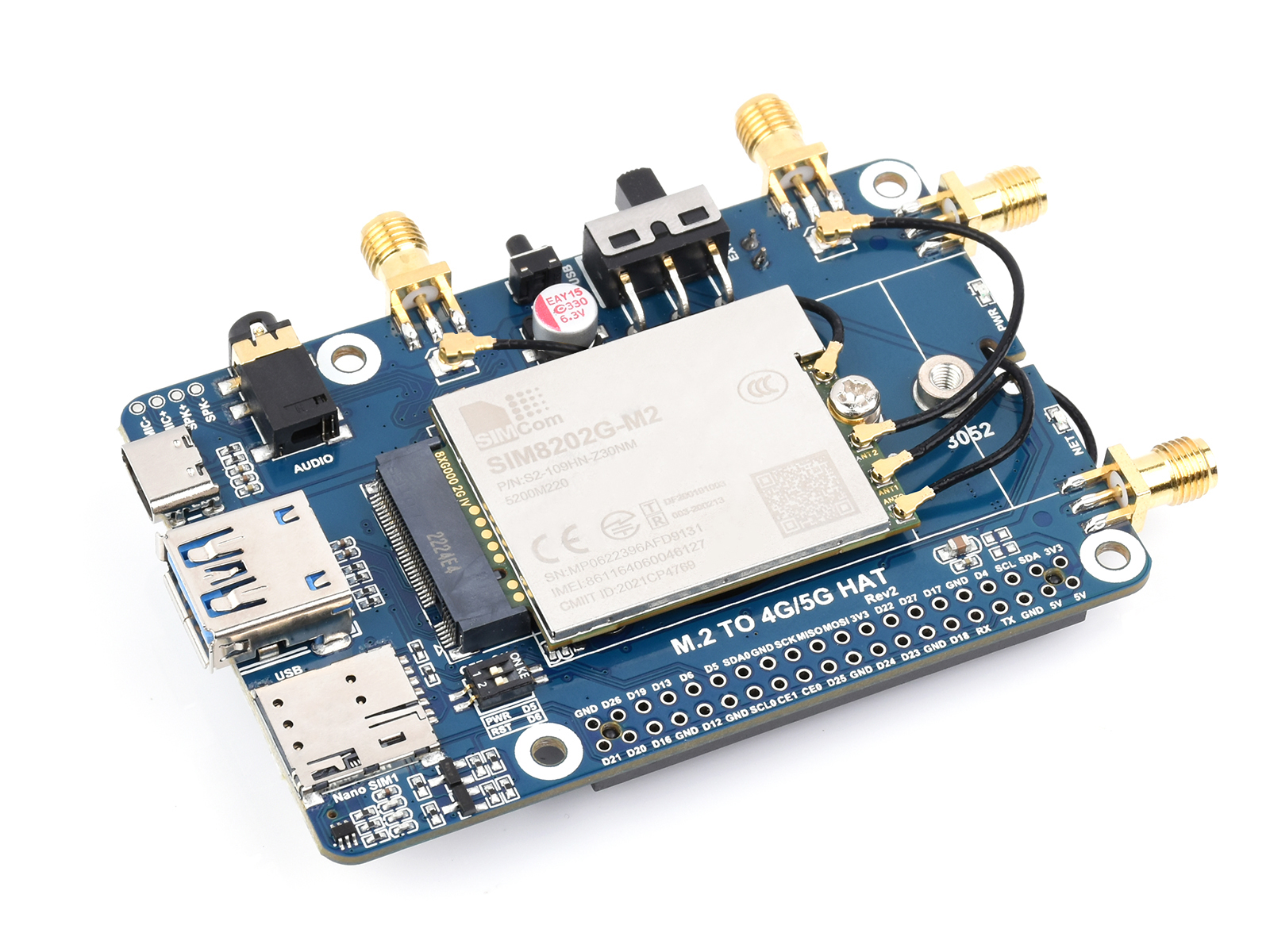 SIM82XX-M2 5G HAT für Raspberry Pi, Quad-Antennen 5G NSA, Multiband, 5G/4G/3G kompatibel, mit Gehäuse (optional)