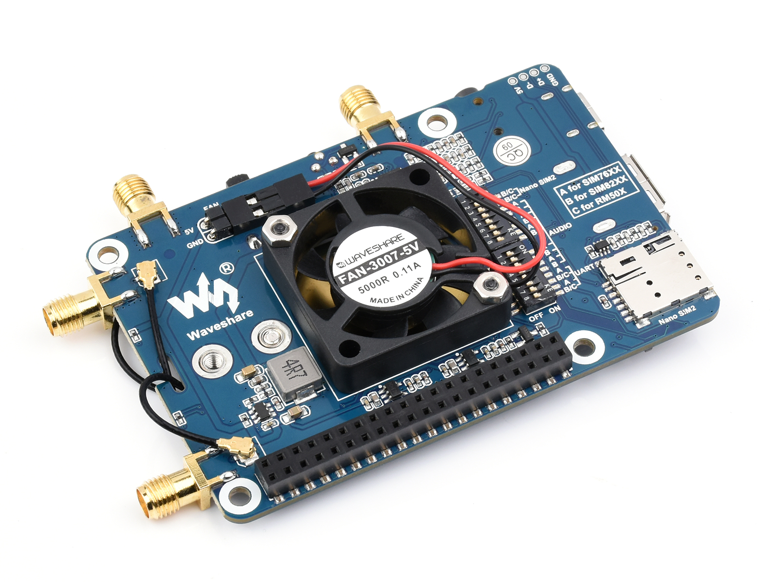 SIM82XX-M2 5G HAT für Raspberry Pi, Quad-Antennen 5G NSA, Multiband, 5G/4G/3G kompatibel, mit Gehäuse (optional)