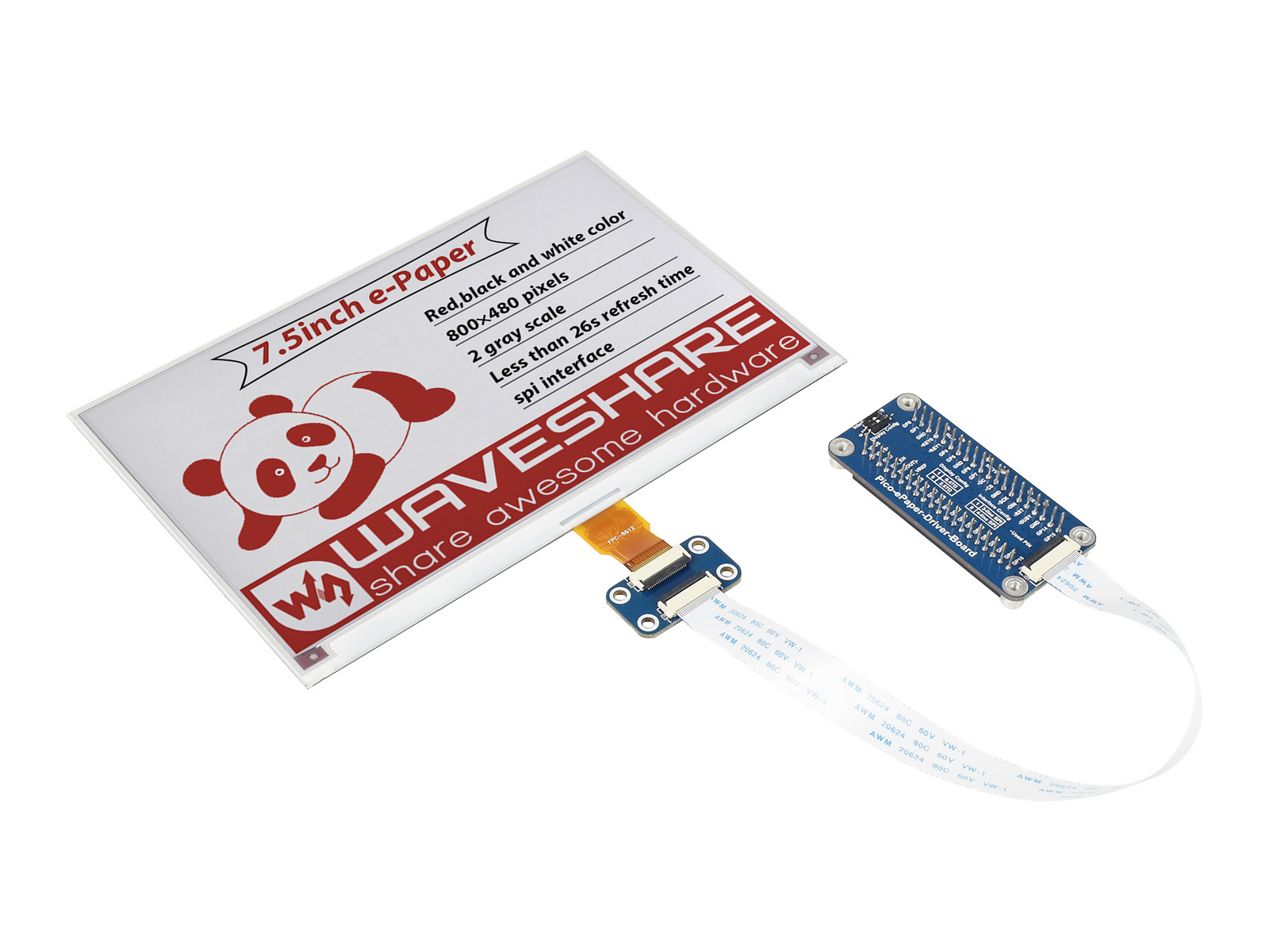 7,5-Zoll E-Paper E-Ink Displaymodul (B) für Raspberry Pi Pico, 800×480, Rot/Schwarz/Weiß, SPI