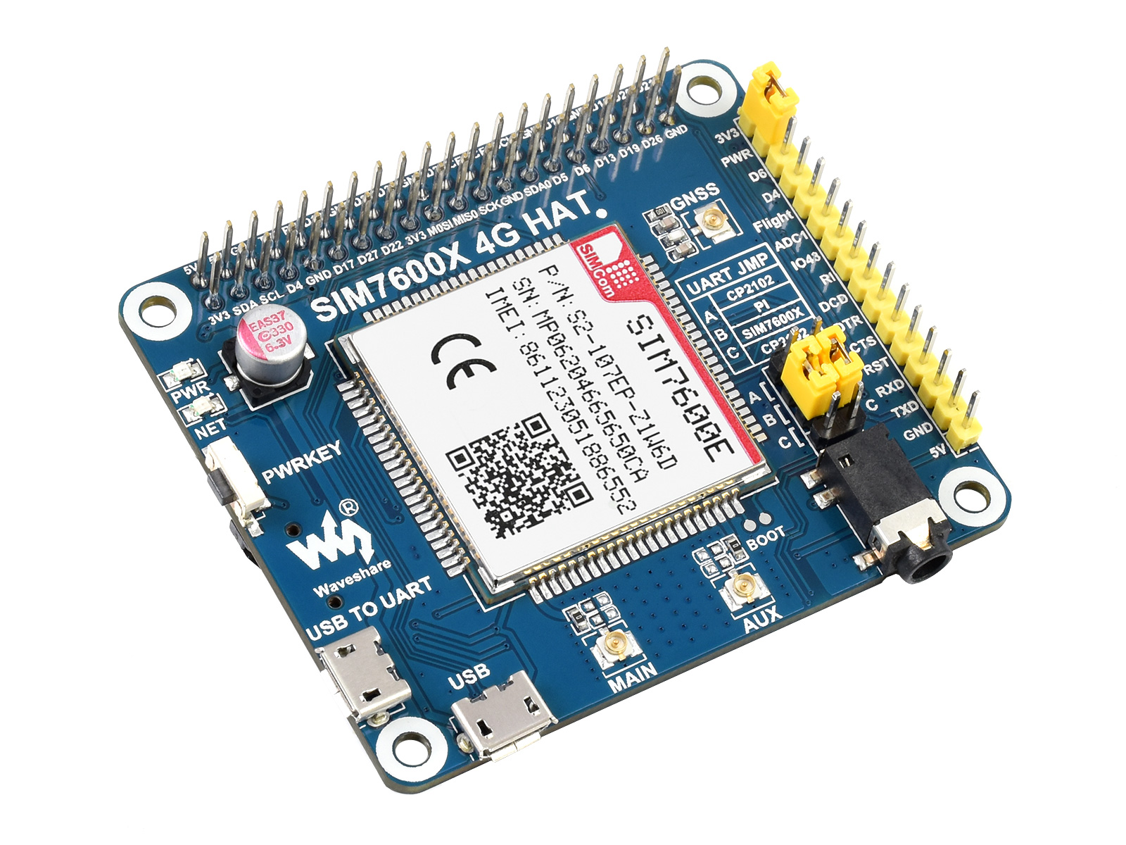 SIM7600E LTE Cat-1 HAT für Raspberry Pi, auch mit 3G / 2G / GNSS, für Südostasien, Westasien, Europa, Afrika