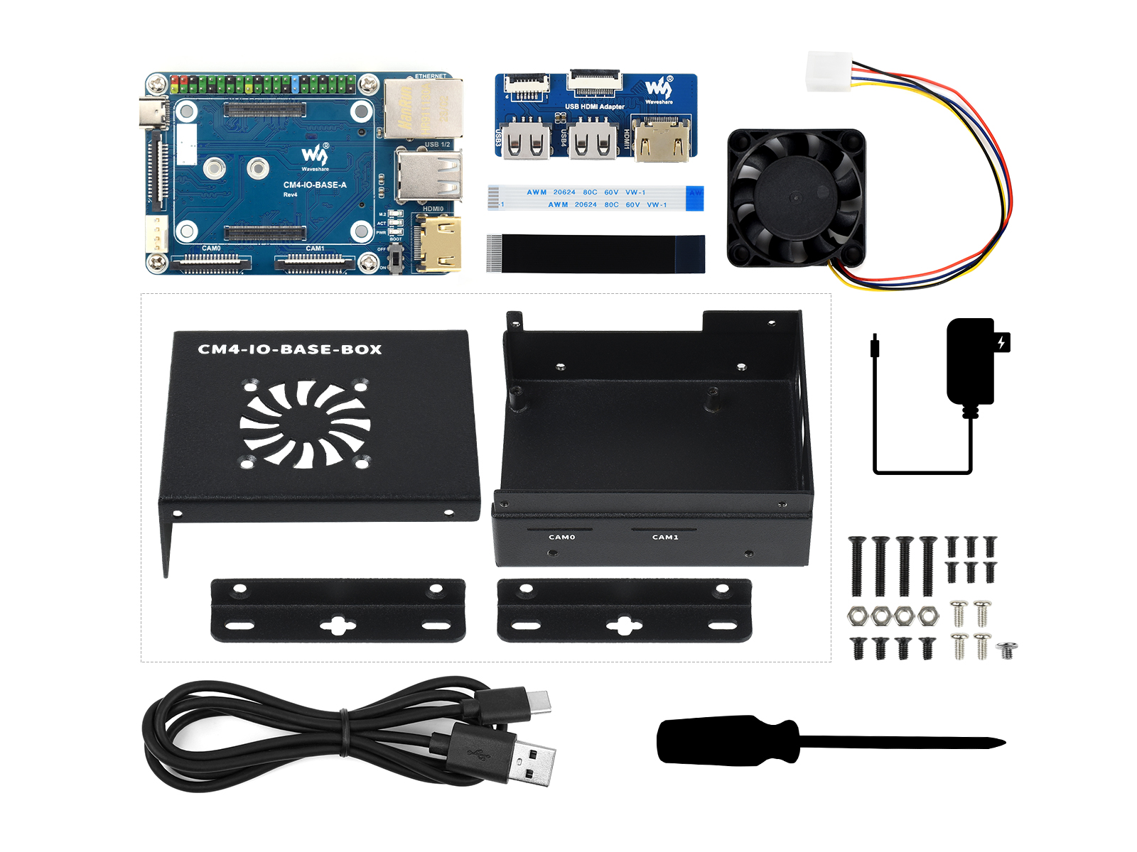 CM4-IO-BASE-BOX-A + USB-HDMI-Adapter, für Raspberry Pi Compute Module 4