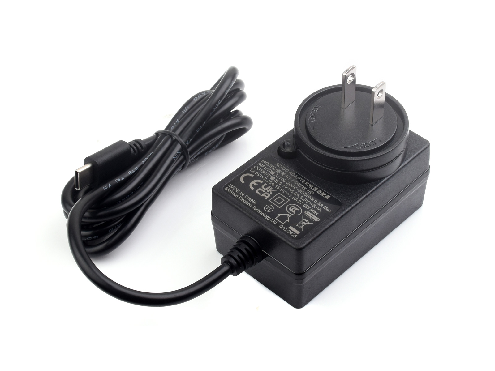 27W USB Type-C Netzteil Typ B, PD-Netzteil, Optionen für US-/EU-/UK-Stecker, 1,2 m Kabellänge, Raspberry Pi 5 Netzteil