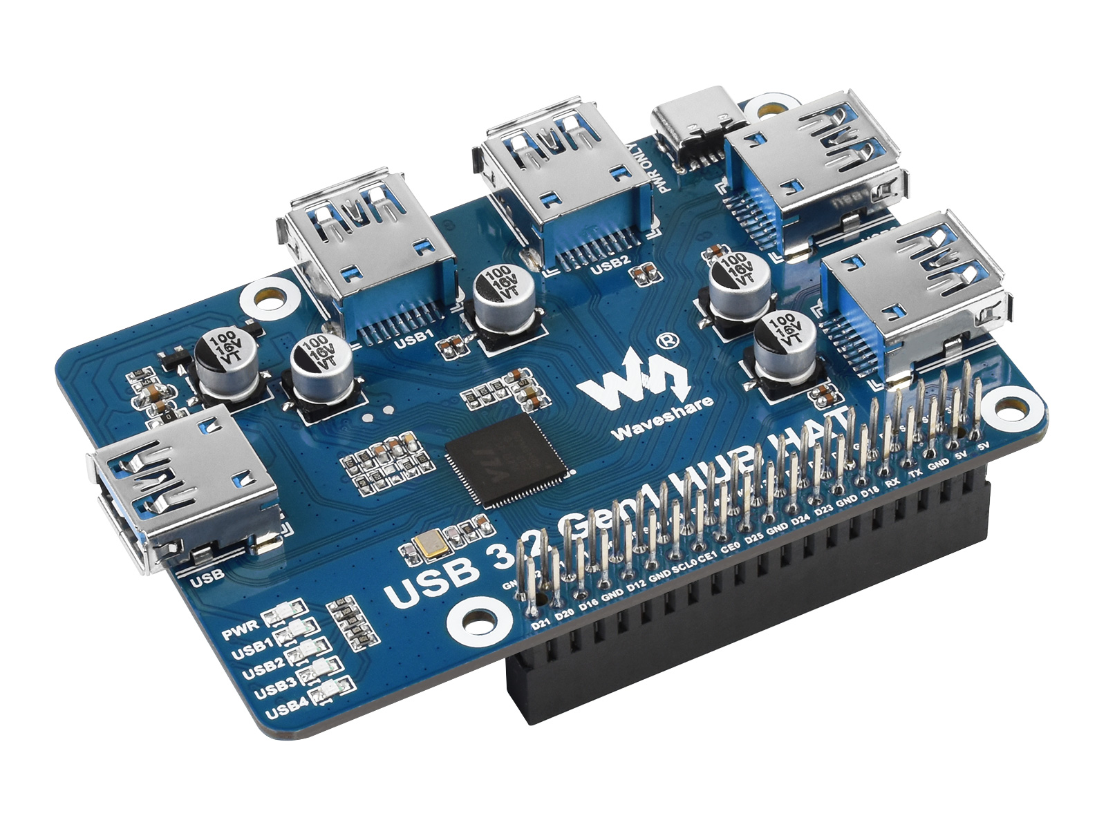 USB 3.2 Gen1 HUB HAT für Raspberry Pi, 4x USB 3.2 Gen1 Anschlüsse, treiberfrei